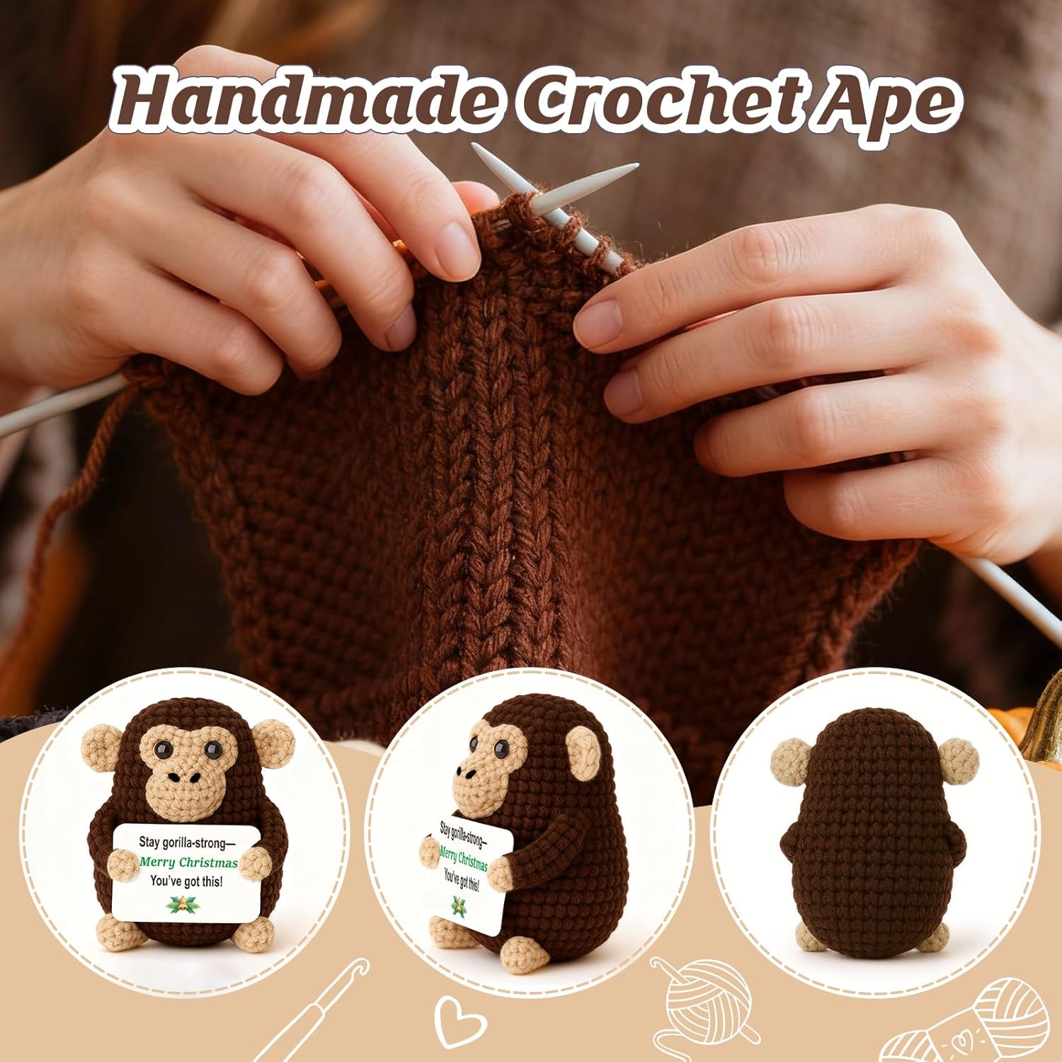 Gift for Dad Coach-Brown Crochet Ape/Gorilla/Chimp 4" Handmade Amigurumi Plush with Uplifting Sign, Small Stuffed Animal Desk Decor for Christmas White Elephant Secret Santa Stuffers