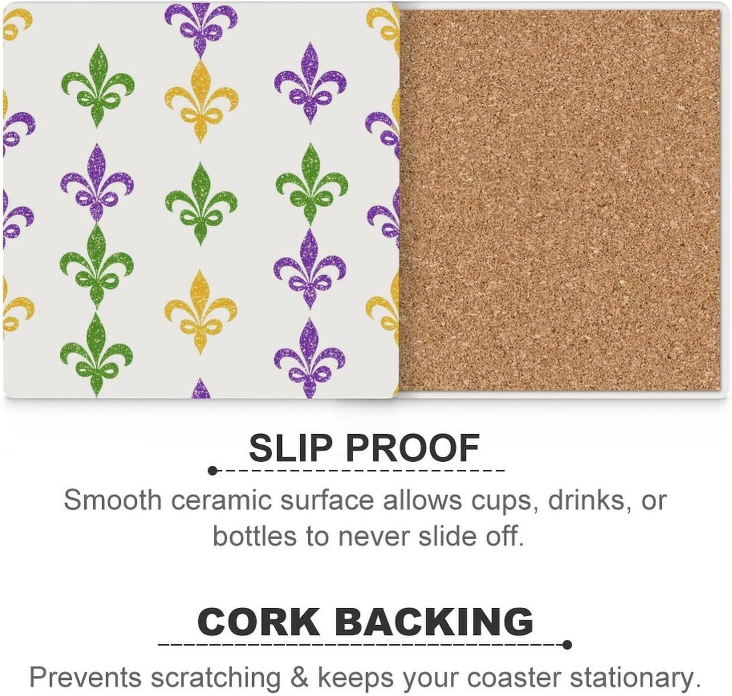 Mardi and Gras Fleurde-Lis Coasters for Drinks Square Table Coasters Set Cup Mats with Cork Base