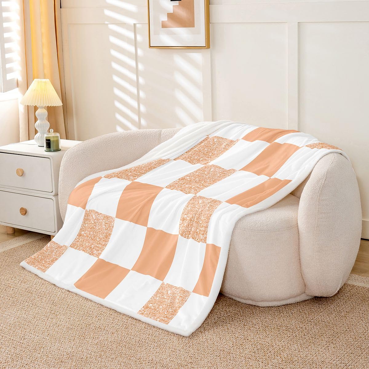 Homewish Orange Glitzer Kariert Wohndecke 229x229cm