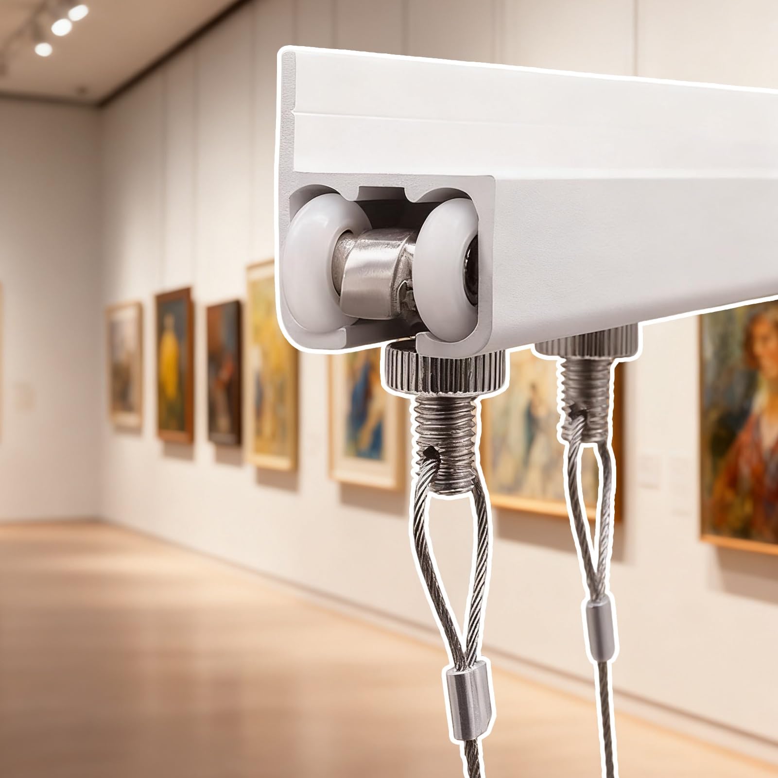 Cimaise pour Tableau Système de Suspension Murale pour Tableaux, Cintres Coulissants pour et , Rail pour Affiches avec Câbles(1.5m/4.9' Cable,120cm/47.2" Track)