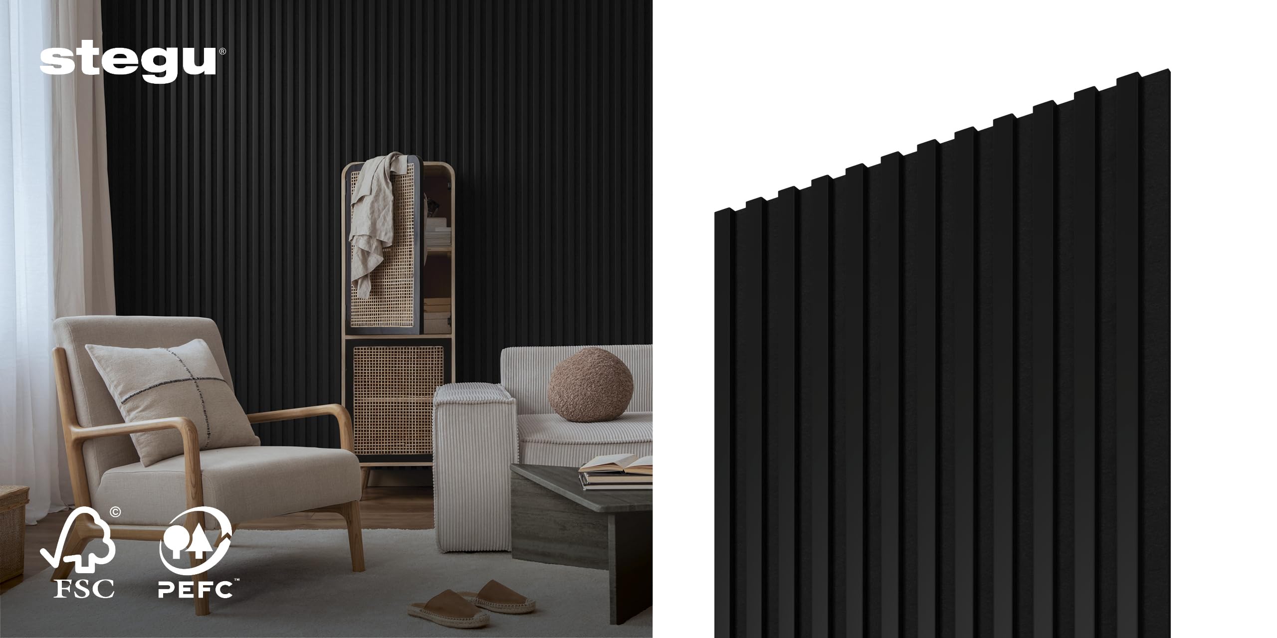 STEGU Panneau Acoustique Mural Tasseau Bois Grand Format 240x60cm Noir