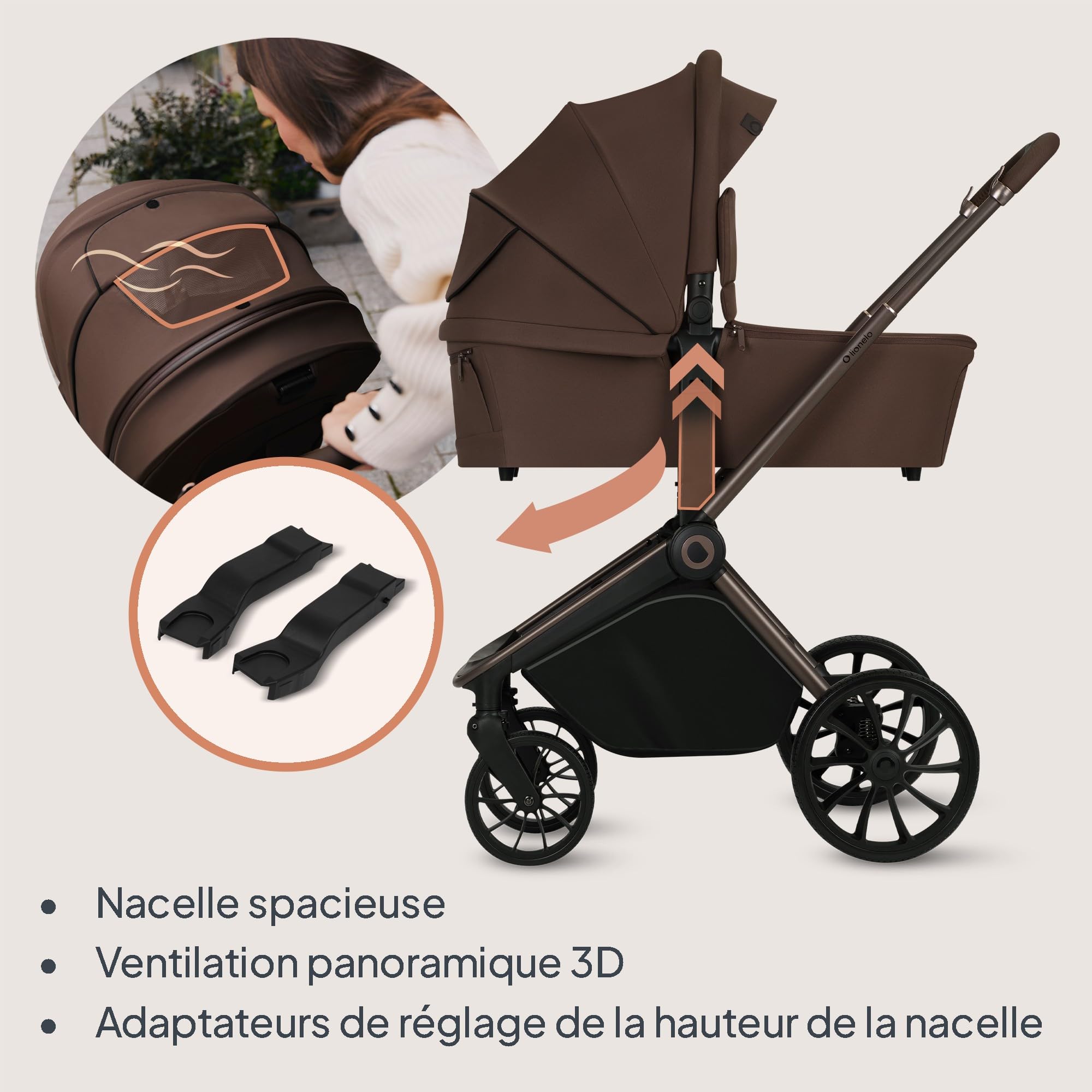 LIONELO MIKA PLUS 3 en 1 Poussette 0-48 mois jusqu'à 22 kg Nacelle 9 kg Siège Auto Roues 360° PU Auvent XXL Mocha Mousse
