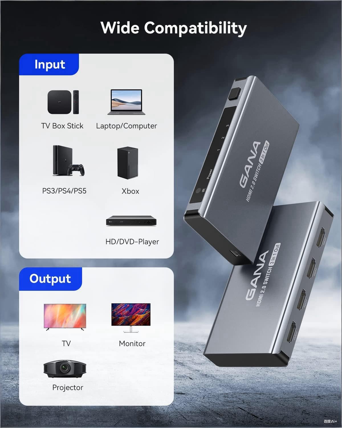 HDMI Switch 5 in 1 Out 4K@60Hz, GANA HDMI Splitter Switcher with Remote, Aluminum HDMI 2.0 Switch Box Hub for 3D, HDCP2.2, HDR, Compatible with Xbox, PS5/4/3,Fire Stick,Roku,Blu-Ray Player, Black