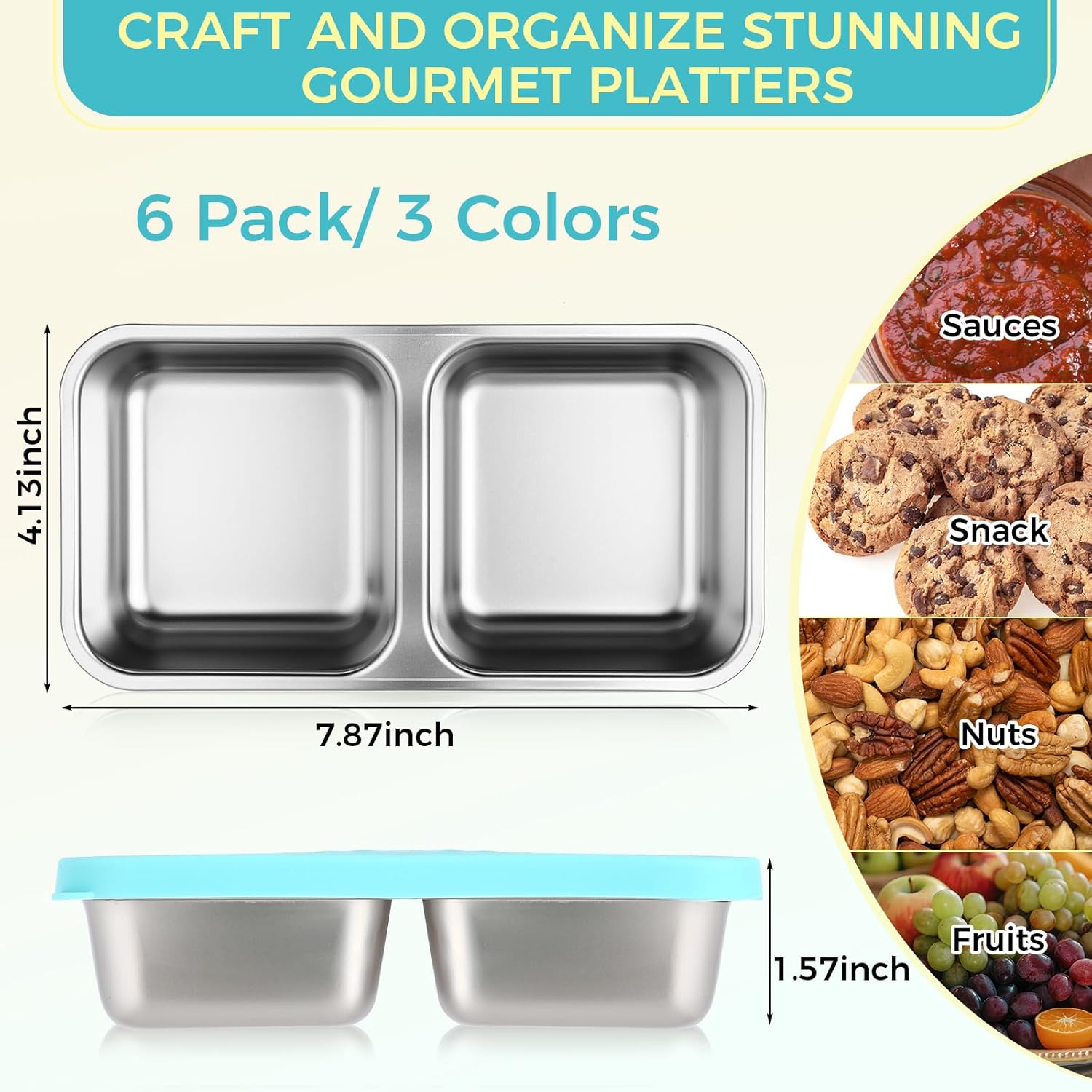 Potchen 6 Sets Stainless Steel Snack Containers with Lids Silicone, 2 Compartment Storage Containers, 15oz Reusable Divided Food Lunch Box Meal Prep Food Storage for Company Travel Outdoor Camping