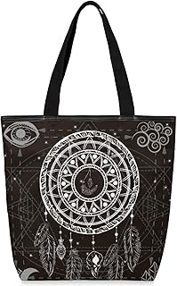 Sacolas de lona com zíper e bolso interno, bolsa de ombro feminina casual, bolsa de mão mandala apanhador de sonhos étnica, bolsas de compras reutilizáveis para cozinha, sacolas de lona, uso para livros, sacolas de compras, sacolas de presente, Multicor