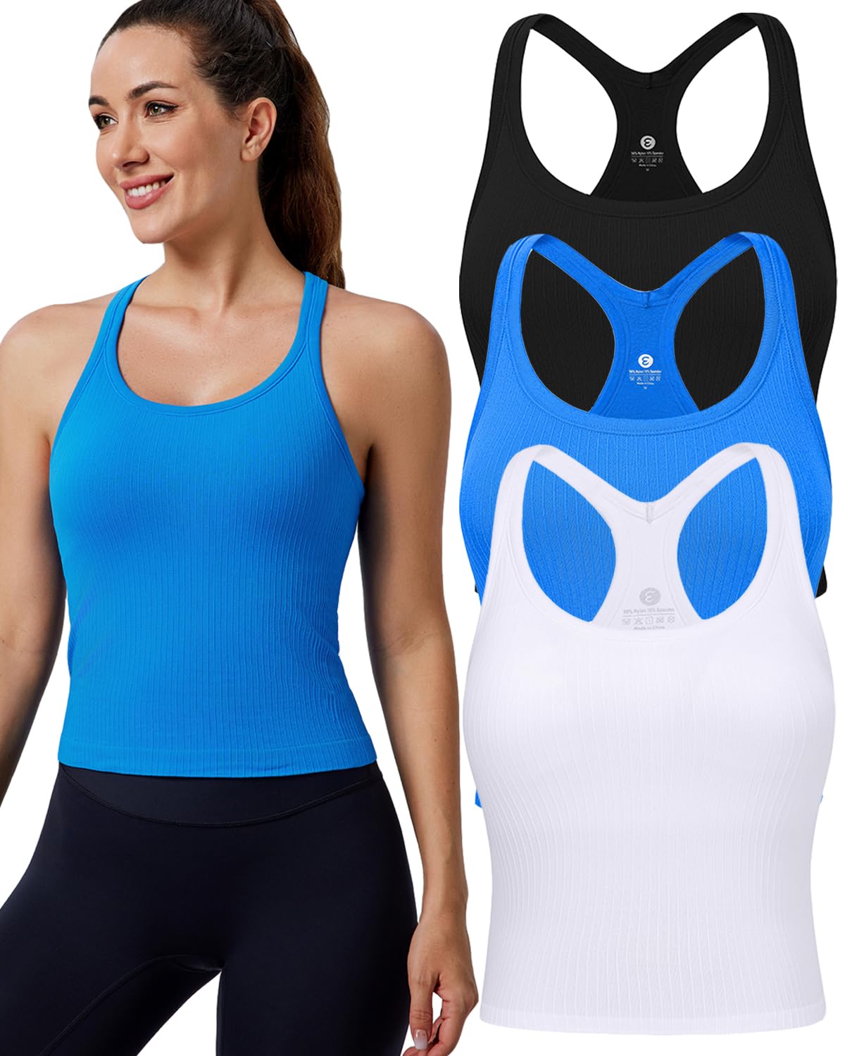 Evercute Women's 1/2/3 Pack Ribbed Workout Tank Tops with Built in Bra Racerback Seamless Crop Tank Tops Camisole Sport Tanks