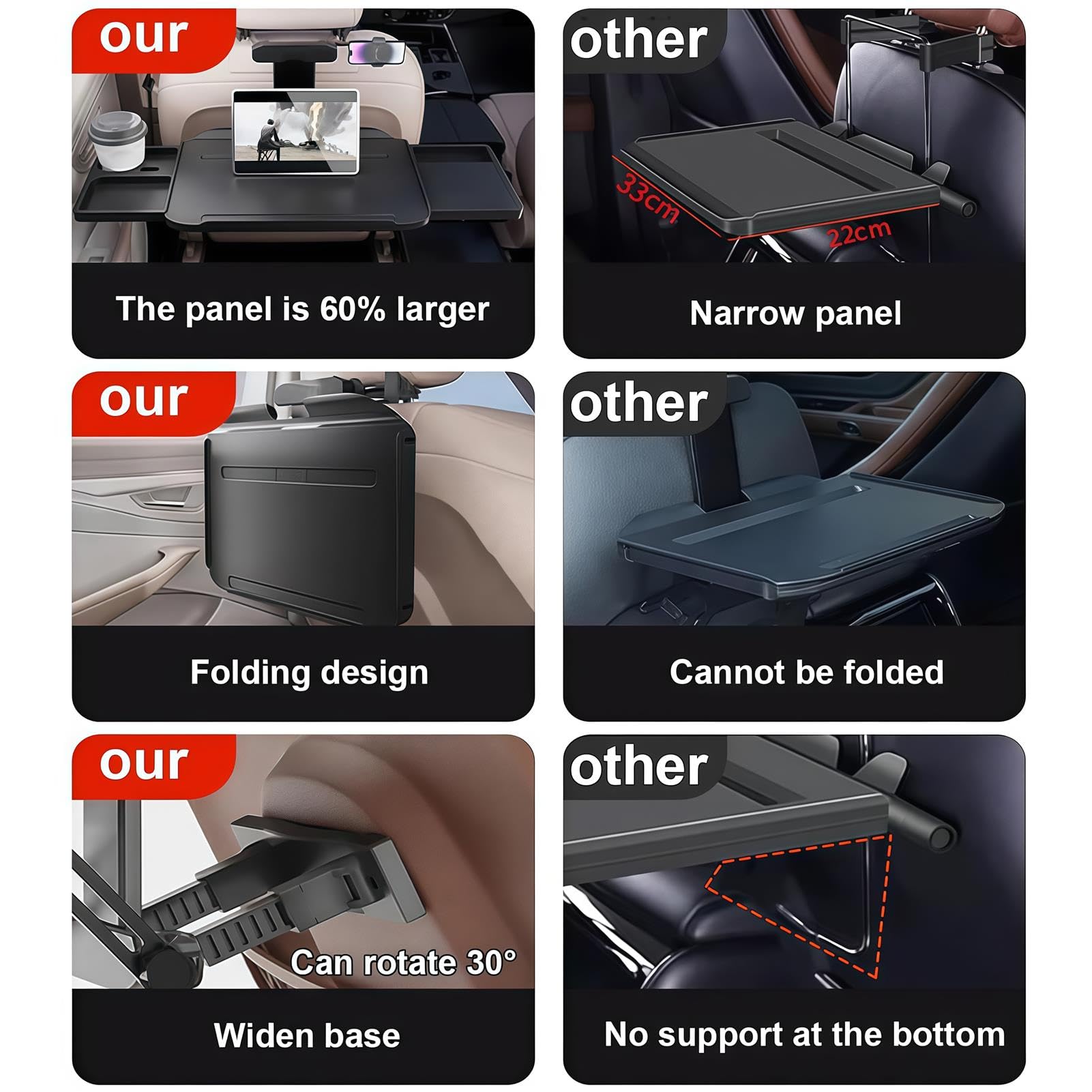Tavolino portatile per sedile auto, multifunzione, in lega di alluminio, per mangiare, viaggiare, lavorare, scrivere