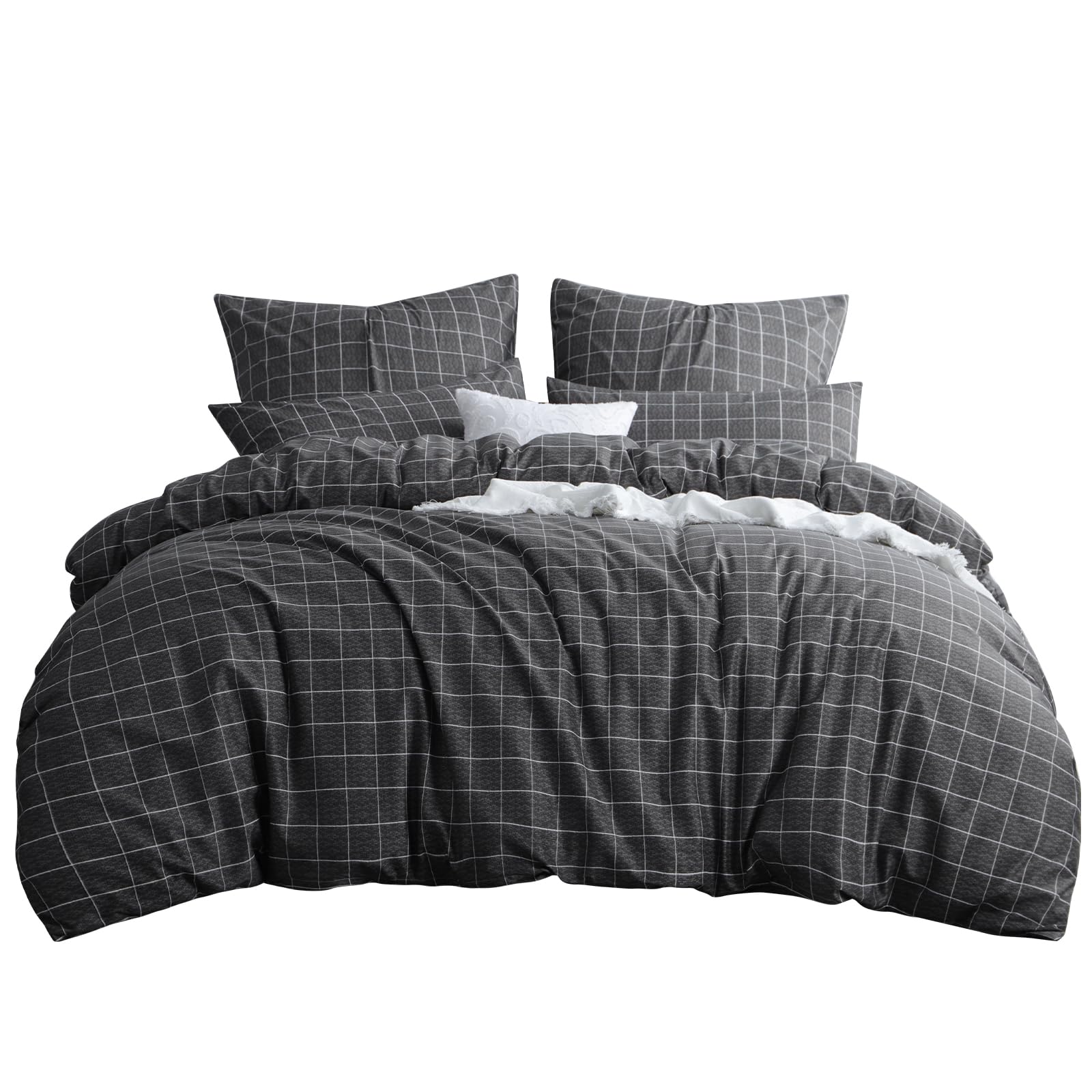 RUIKASI Komplet pościeli 200x200 3-częściowy Antracyt - poszwa na kołdrę 200 x 200 z wzorem kratki, komplet pościeli 200x200cm z mikrofibry z zamkiem błyskawicznym, miękki i nie wymaga prasowania