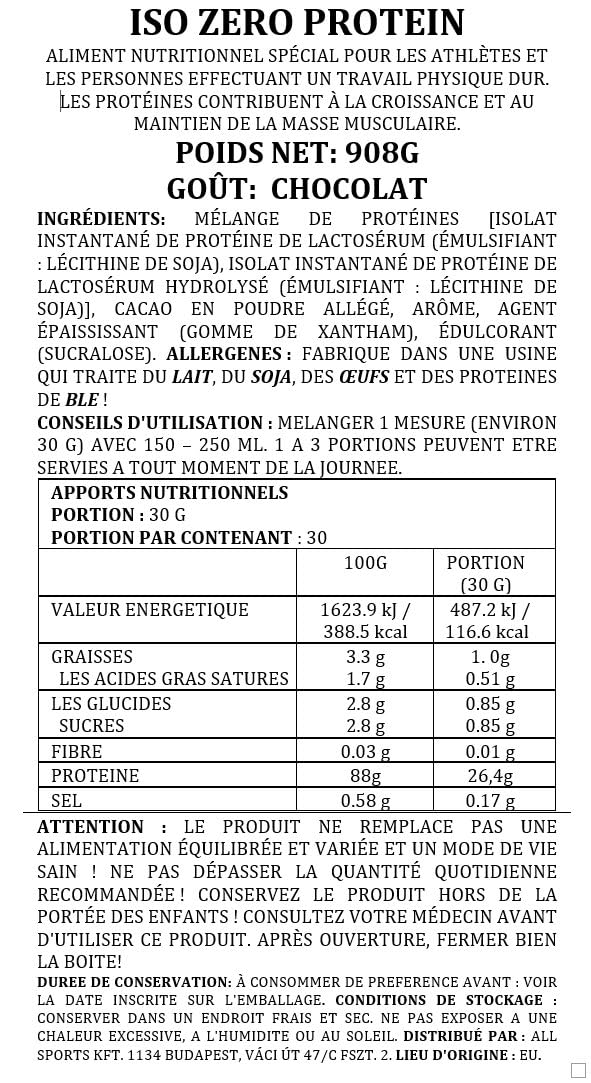 All Sports Labs Iso Zero Protéine – Chocolat – Isolat & Hydrolysat de Whey (Optipep®) – 88% Protéines – Faible en Sucres – Idéal Sèche & Récupération Musculaire – 908 g
