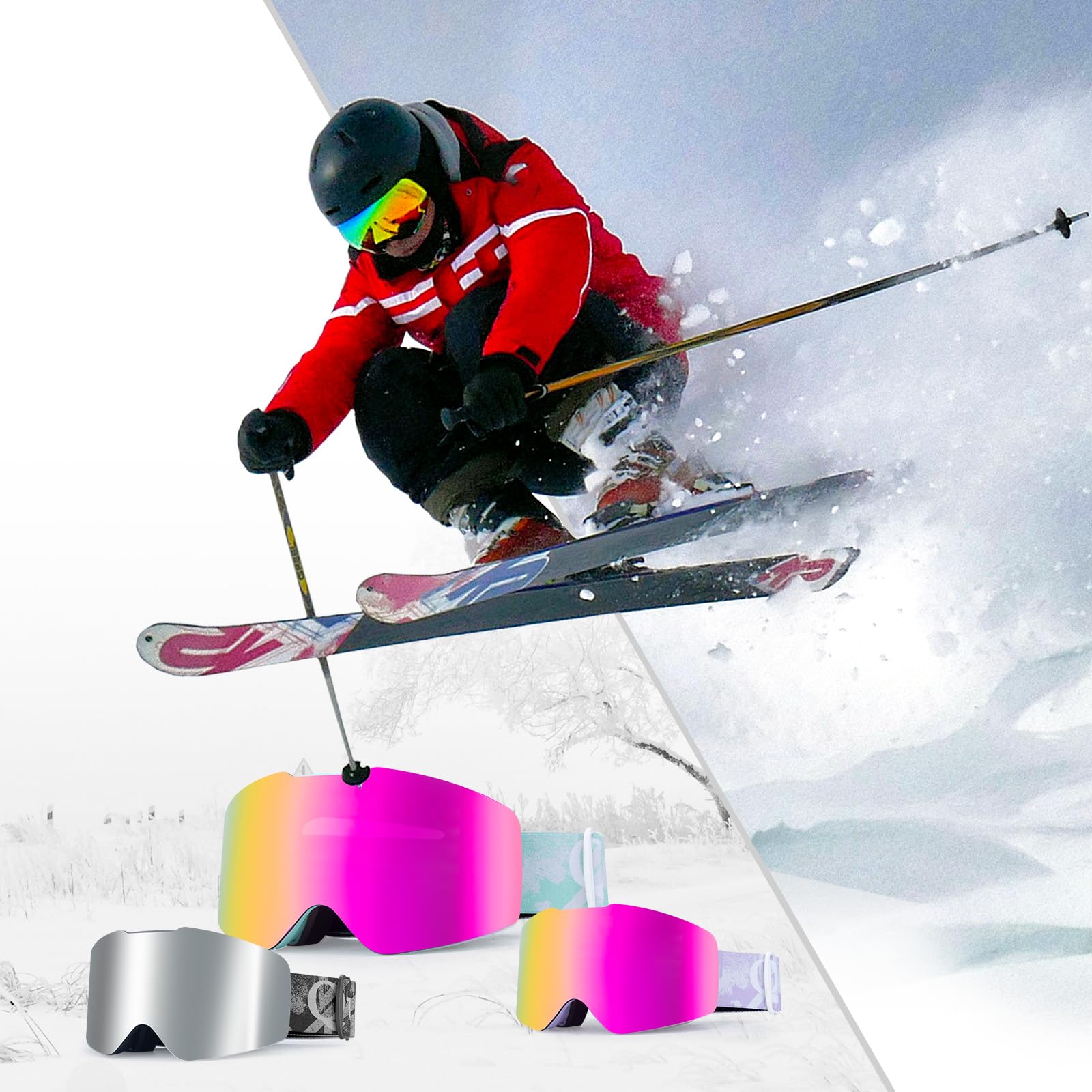 Lunettes Ski Anti-Buée OTG Homme Femme HD Anti-UV Sphérique Snowboard Goggles Anti-Éblouissant Masque Grand Vision Motoneige Élastique Respirant Compatible avec Casque Hiver Noir Violet Vert