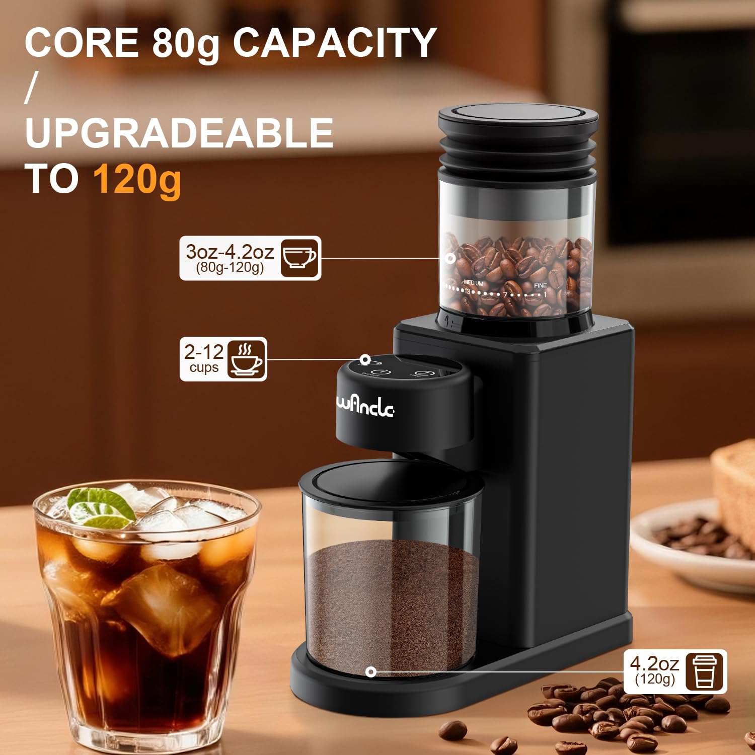 Moulin à Café à Cône Électrique Wancle Édition Tactile à Meules Coniques - 25 Niveaux de Mouture, Minuterie de Précision, Anti-Adhérence, Compact avec Soufflerie, Moteur 200W