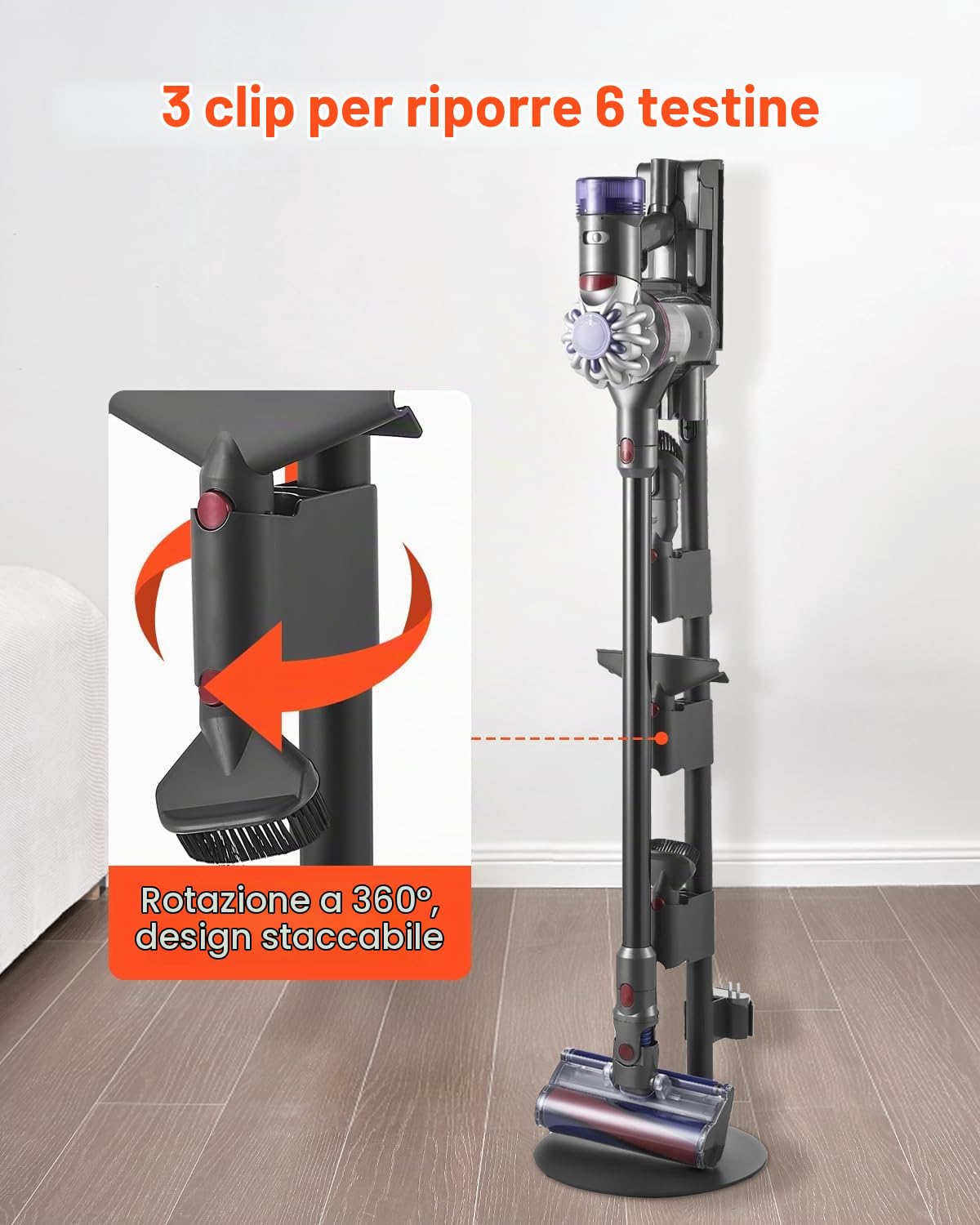 VEVOR Supporto per Aspirapolvere, Compatibile con Accessori della Serie V7 V8 V10 V11 V12 V15, Supporto Universale Porta Aspirapolvere con 4 Cuscinetti Antiscivolo e 3 Clip per Riporre 6 Testine