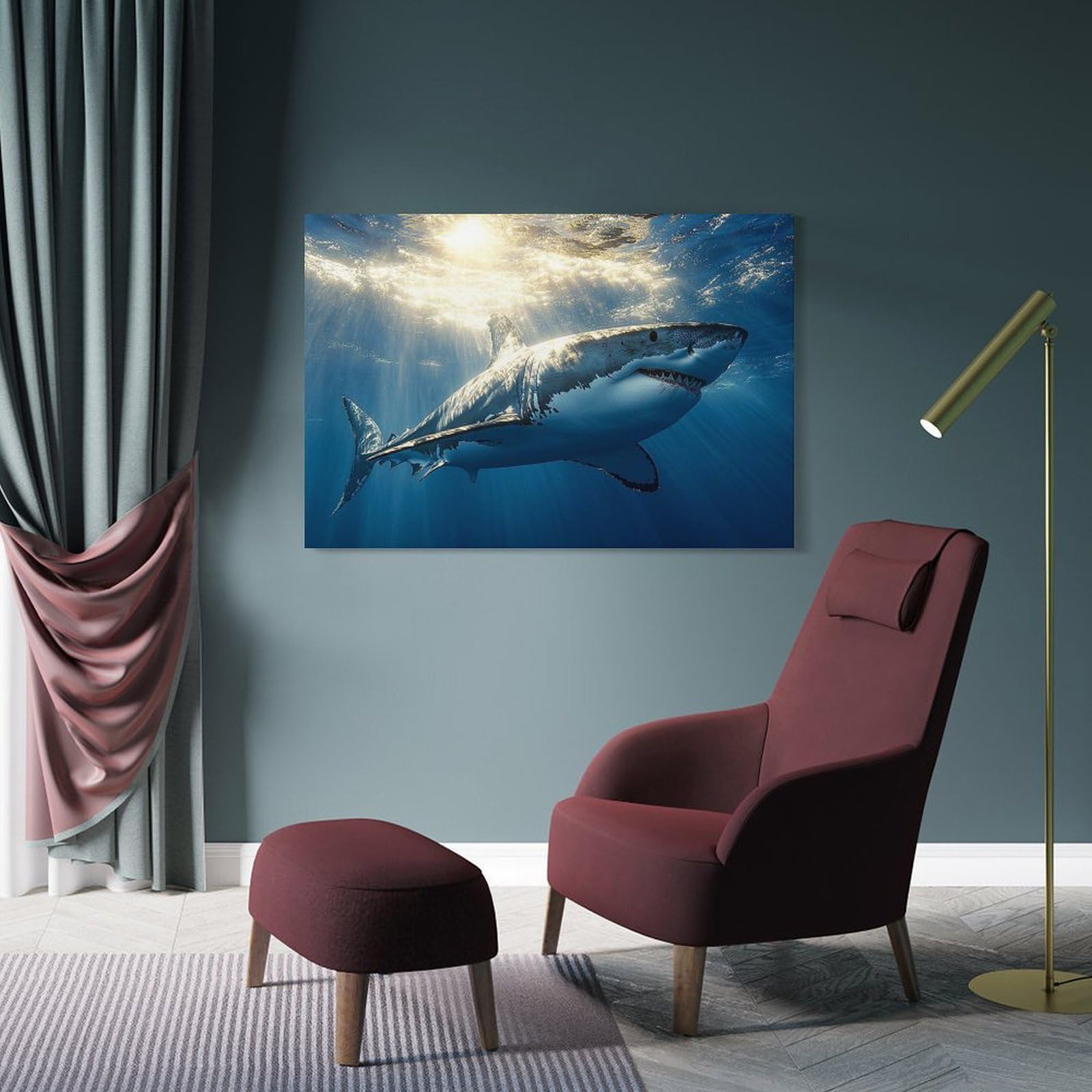 Junmoney Great White Shark Underwater Sunlight Wall Decor Canvas Print, 24x36inch(60x90cm), for Hallway, Lounge Or Guest Room, Decorative Present for New Homes