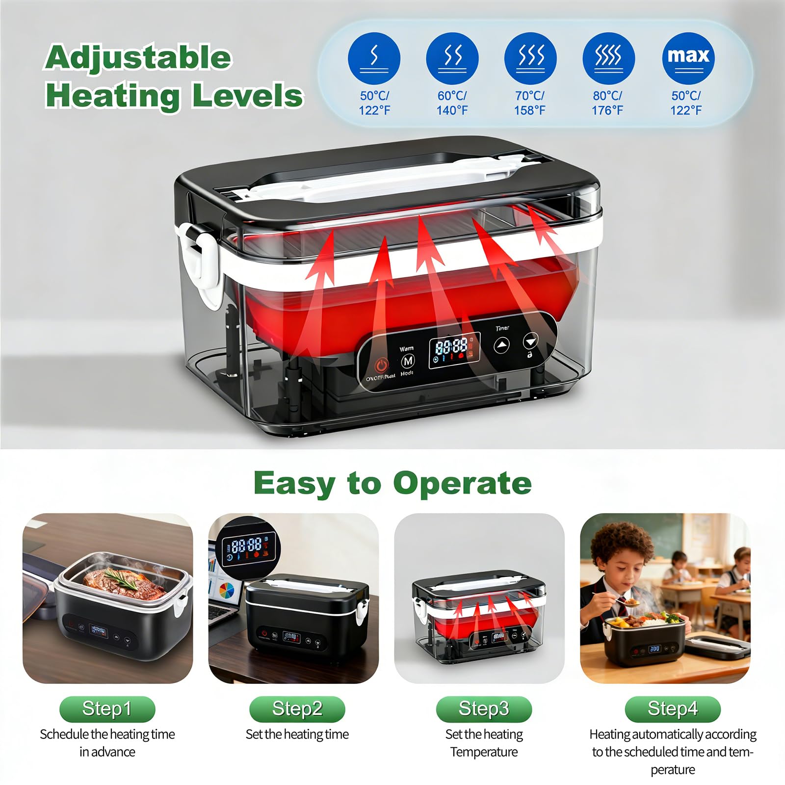 Fiambrera Eléctrica Inalámbrica, Fiambrera Calefactable a Batería para Adultos Calentador de Alimentos Portátil de Acero Inoxidable con Vajilla y Bolsa Aislante para Coche Trabajo Viajes(1,2L)