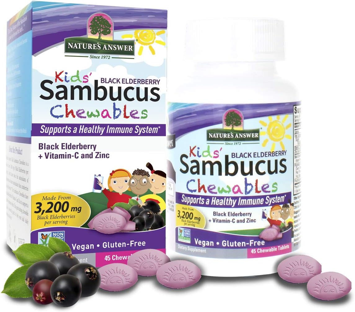 Nature's Answer Kids Sambucus Chewables Black Elderberry with Vitamin C and Zinc Great Tasting Vegan Support Gluten Free Ideal for Healthy Immune System – Elderberry (45 Tablets)