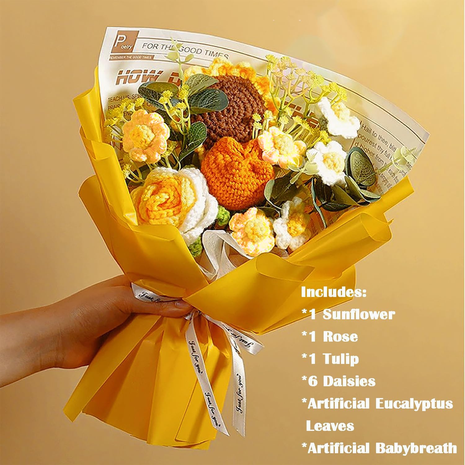 LuckyBundle Hand-Crochet Tulip Bouquet - 3 Tulips With Eucalyptus & Baby's Breath, Hypoallergenic Gift Set - View #9