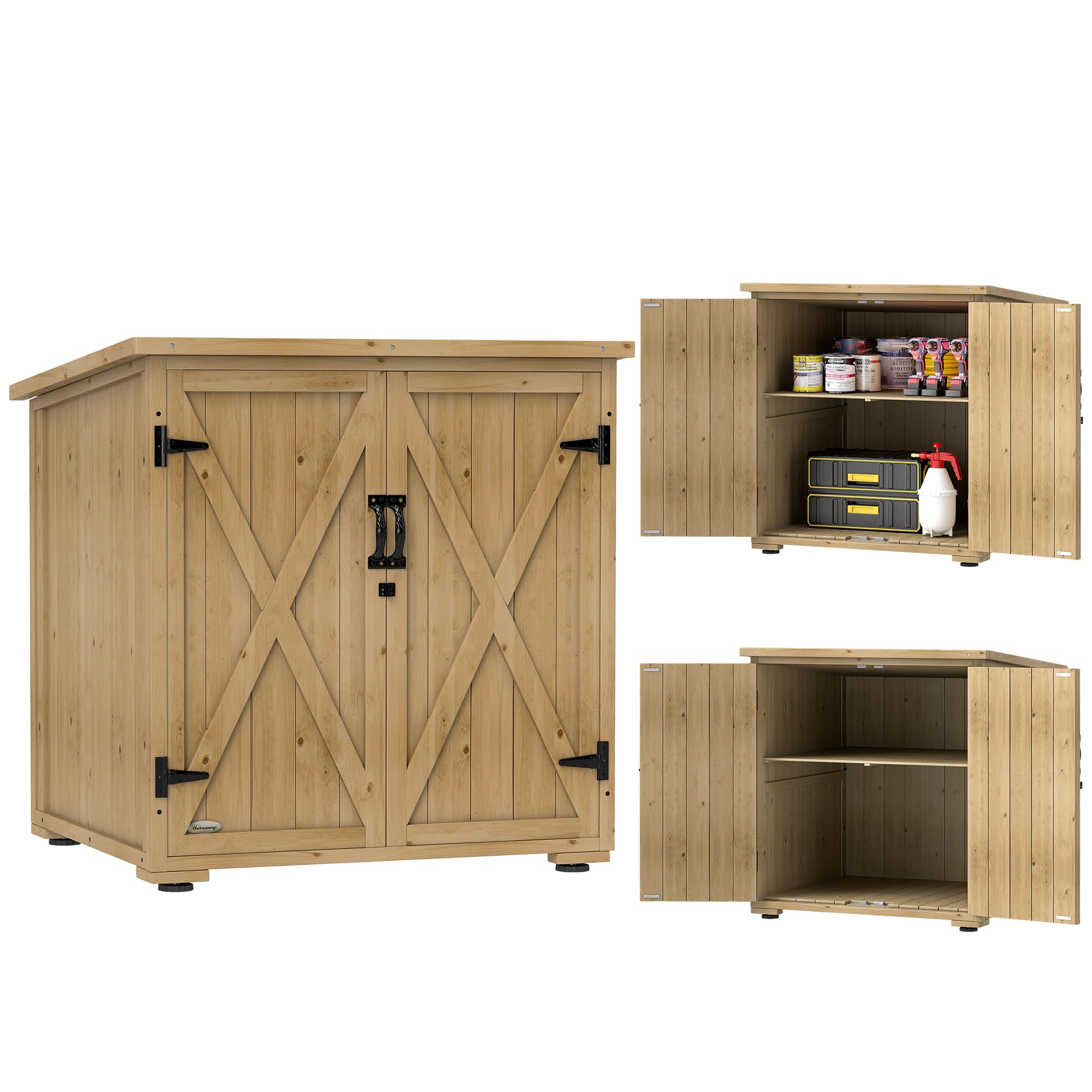 Outsunny Gartenschrank Holz, Geräteschrank, Outdoor wetterfest Geräteschuppen, Holzschrank mit Doppeltür, Mehrzweckschrank für Garten, Balkon, Natur