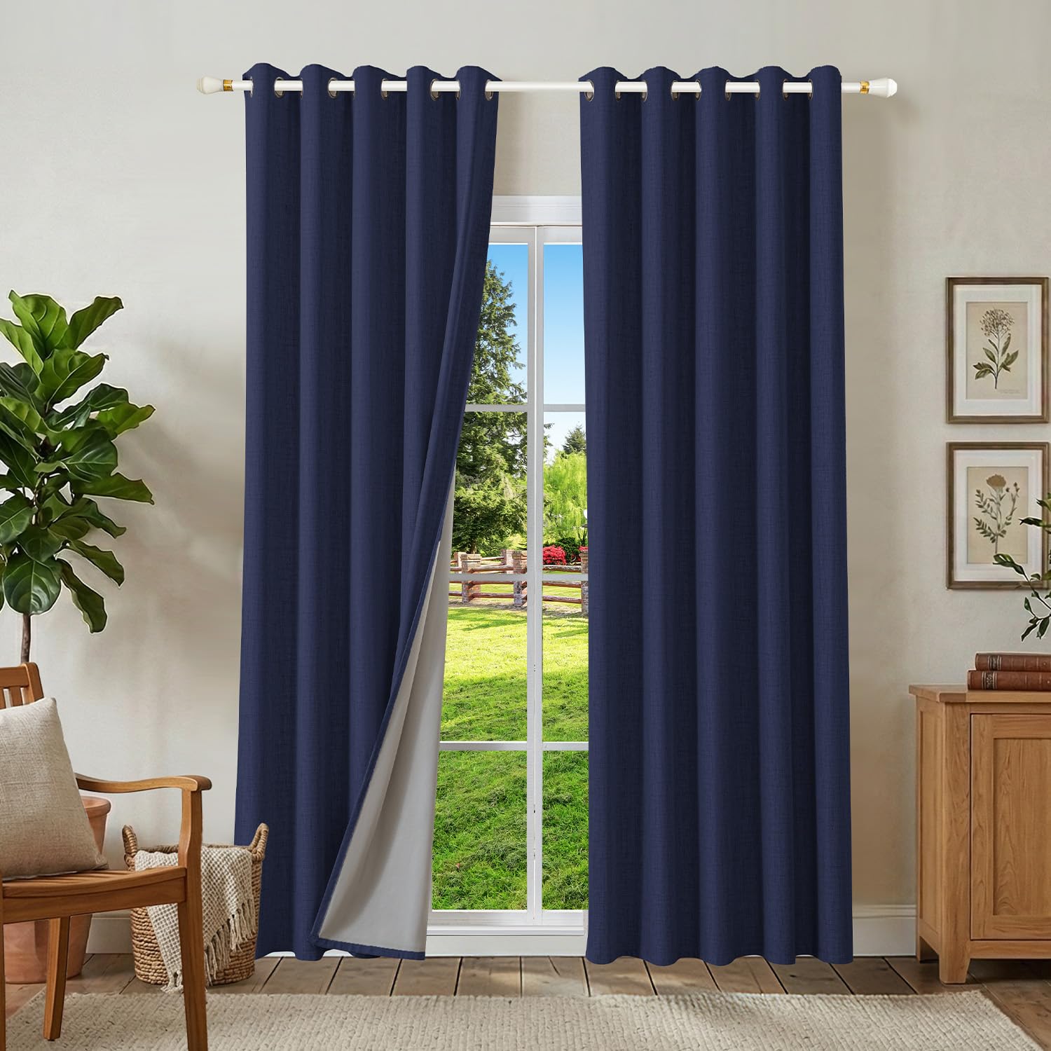 Runyéla 100% Blackout Linen Curtains Eyelet 66 x 72 Inch Drop for Living Room Bedroom Thermal Curtain 2 Panels Denim Blue