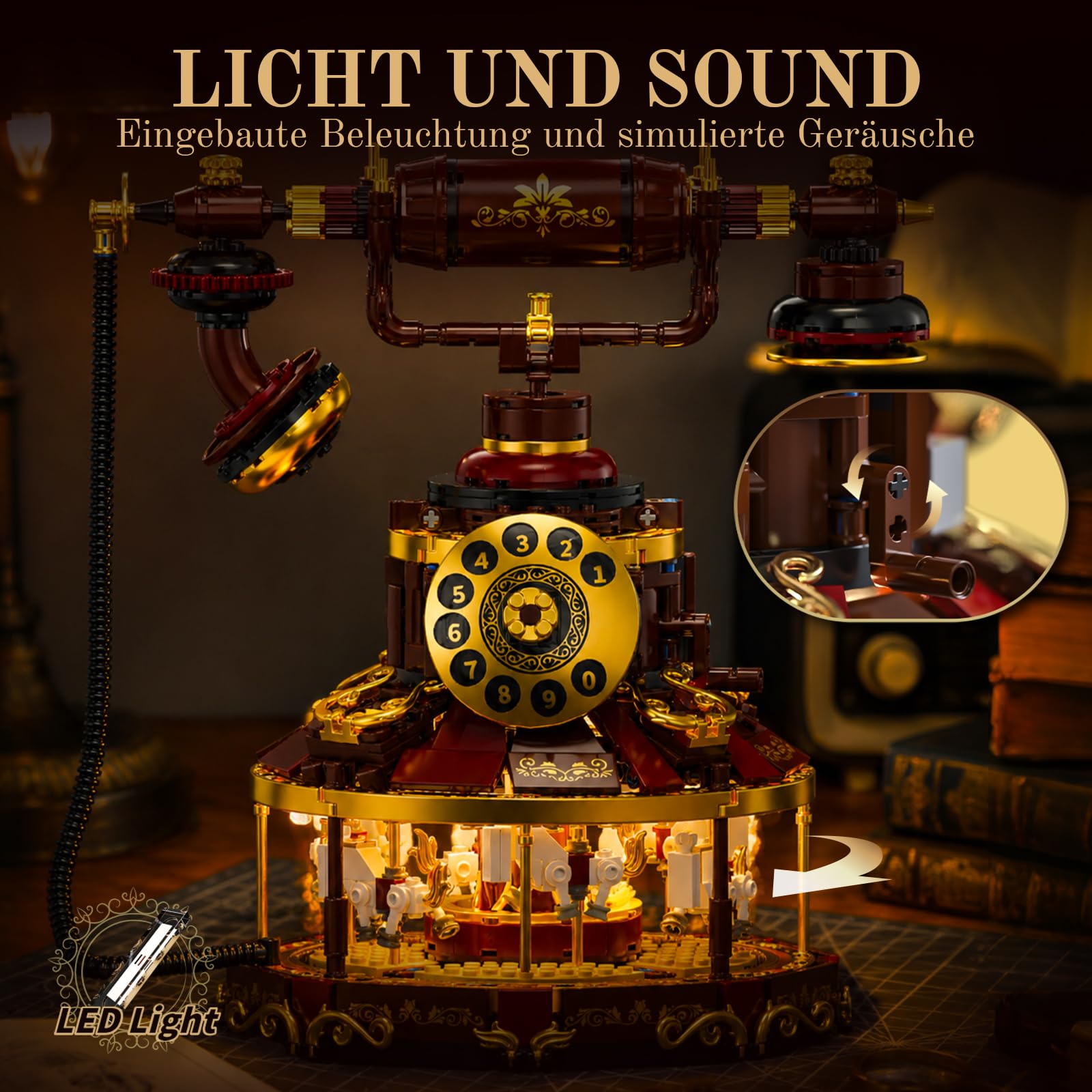 2 IN 1 Retro Telefon mit Licht, Modellbausatz Klemmbausteine für Erwachsene | 1130PCS Karussell-Baukasten, Vintage Deko, Vintage-Geschenk für Alle, Kreatives Wohnaccessoire, Sammler und Hobbyisten