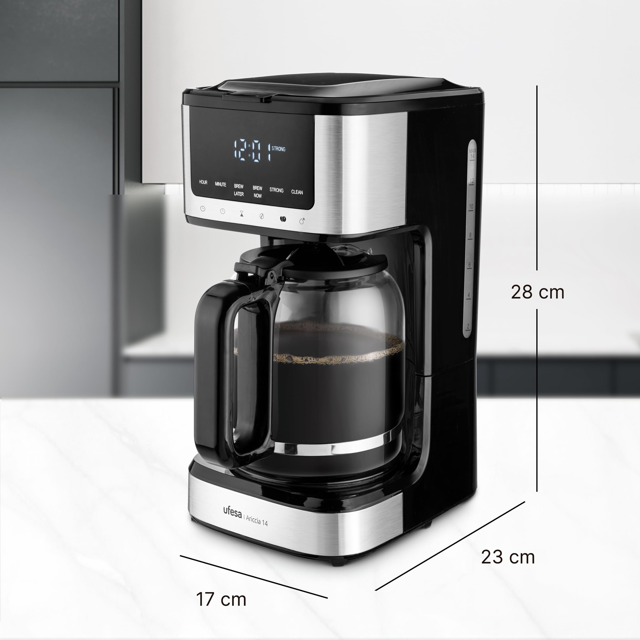 Ufesa Cafetière à Filtre Ariccia Programmable 900W, 14 Tasses, 1,8L, Écran Tactile, Acier Inoxydable, Filtre en Nylon Amovible, Carafe en Verre Haute Température, Compatible Lave-vaisselle, Antigoutte
