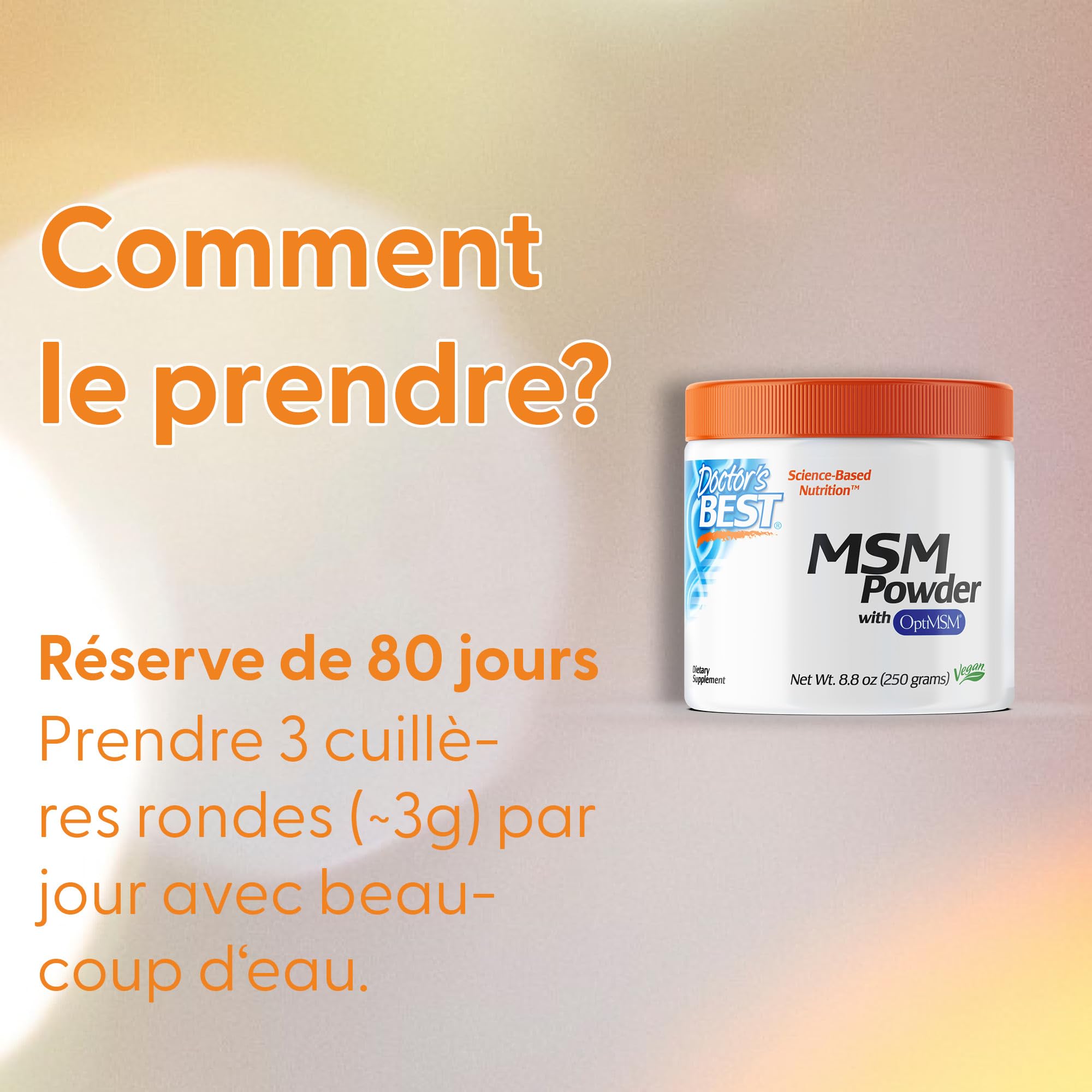 Doctor's Best, MSM Powder, avec OptiMSM, 250g de Poudre végétalienne, Sans Gluten, Sans Soja, Végétarien