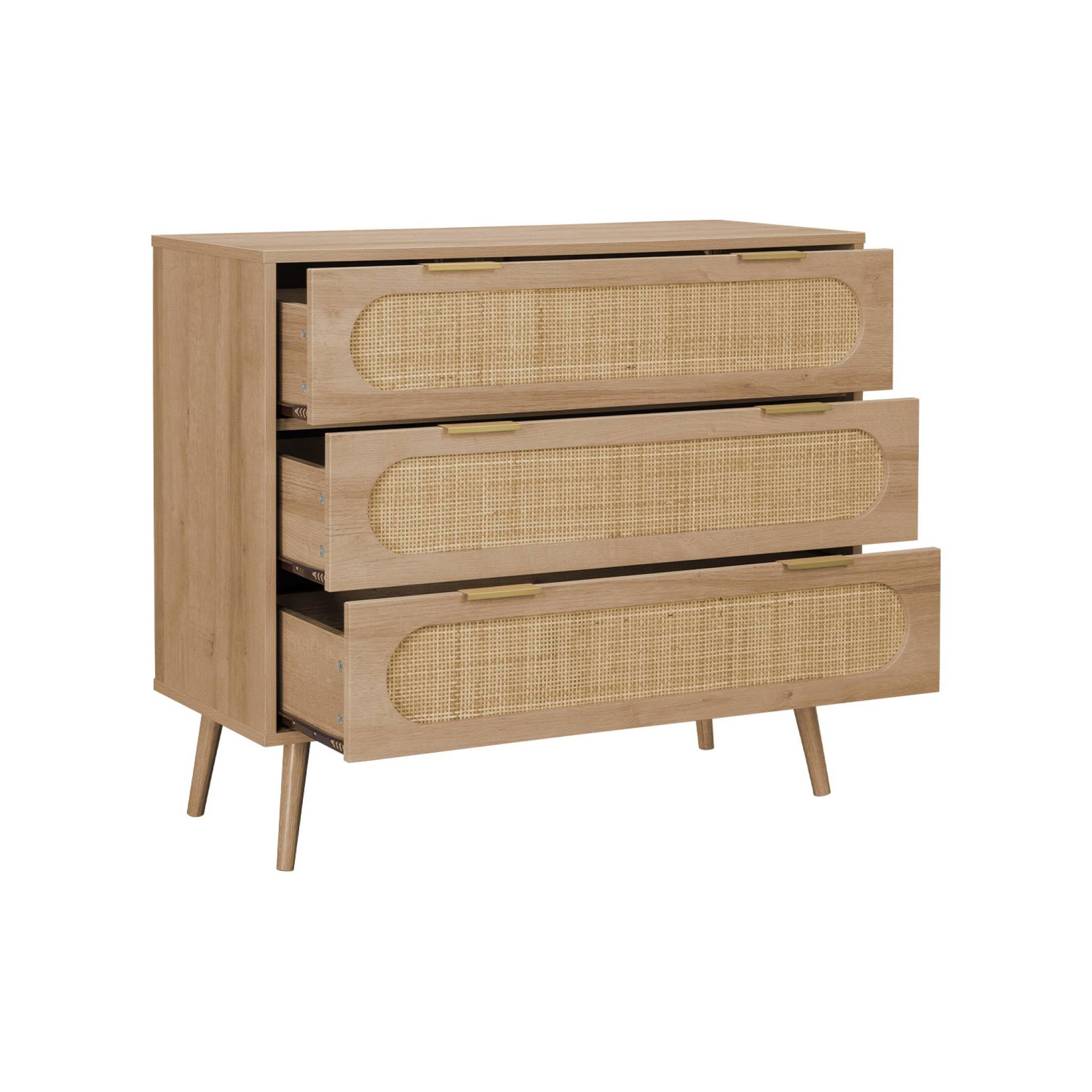 Alice's Home - Commode. Eva. décor Bois et cannage Arrondi. 3 tiroirs L 90 x l 39 x H 79cm