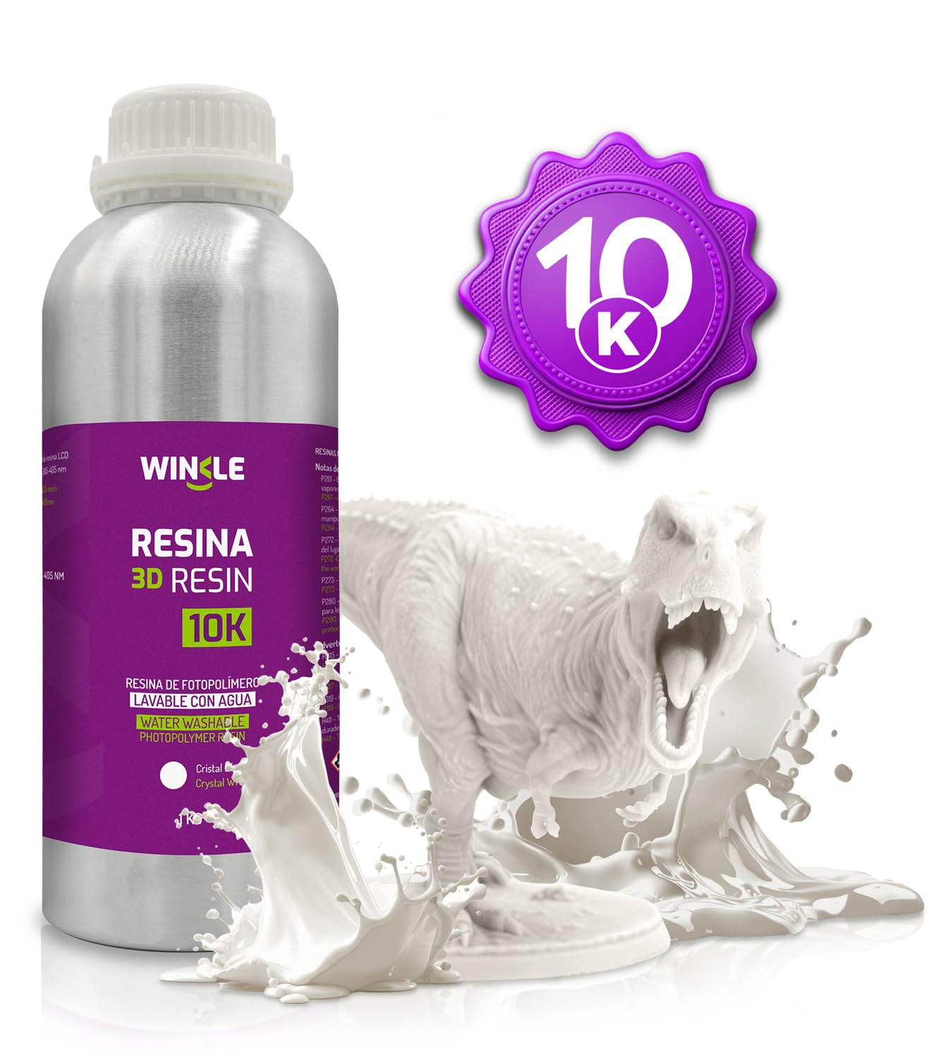 WINKLE Resina 3D 10K Blanco 1kg, Impresora 3D Resina Lavable al Agua | Impresoras DLP y LCD, Resistente a los Impactos, Alta Precisión y Bajo Olor, Acabado Detallado