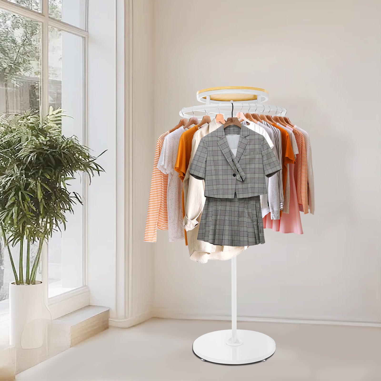 WOQLIBE Round Clothing Rack,Rotatable Modern Clothes Display Floor Standing Iron Clothes Hanging Rack With Topper for clothing stores, boutiques, bra stores, homes(White, Log Color)