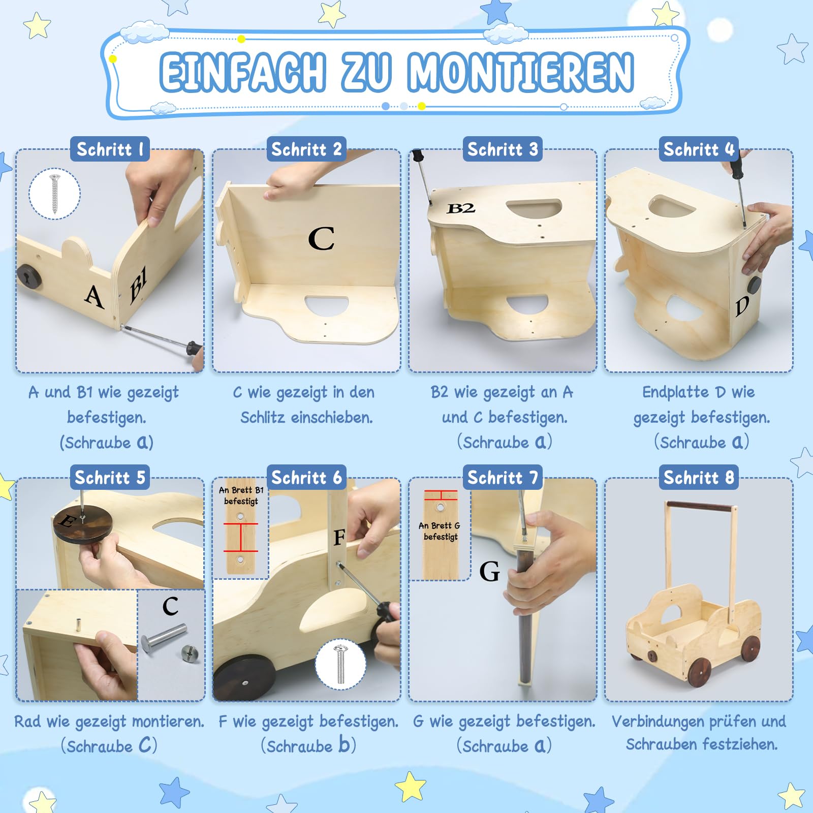 ONUEMP Cestino per bambini in legno con motivo orso, contenitore con ruote e maniglia, 40 x 30 x 58 cm, scatola regalo personalizzabile, per baby shower, legno naturale