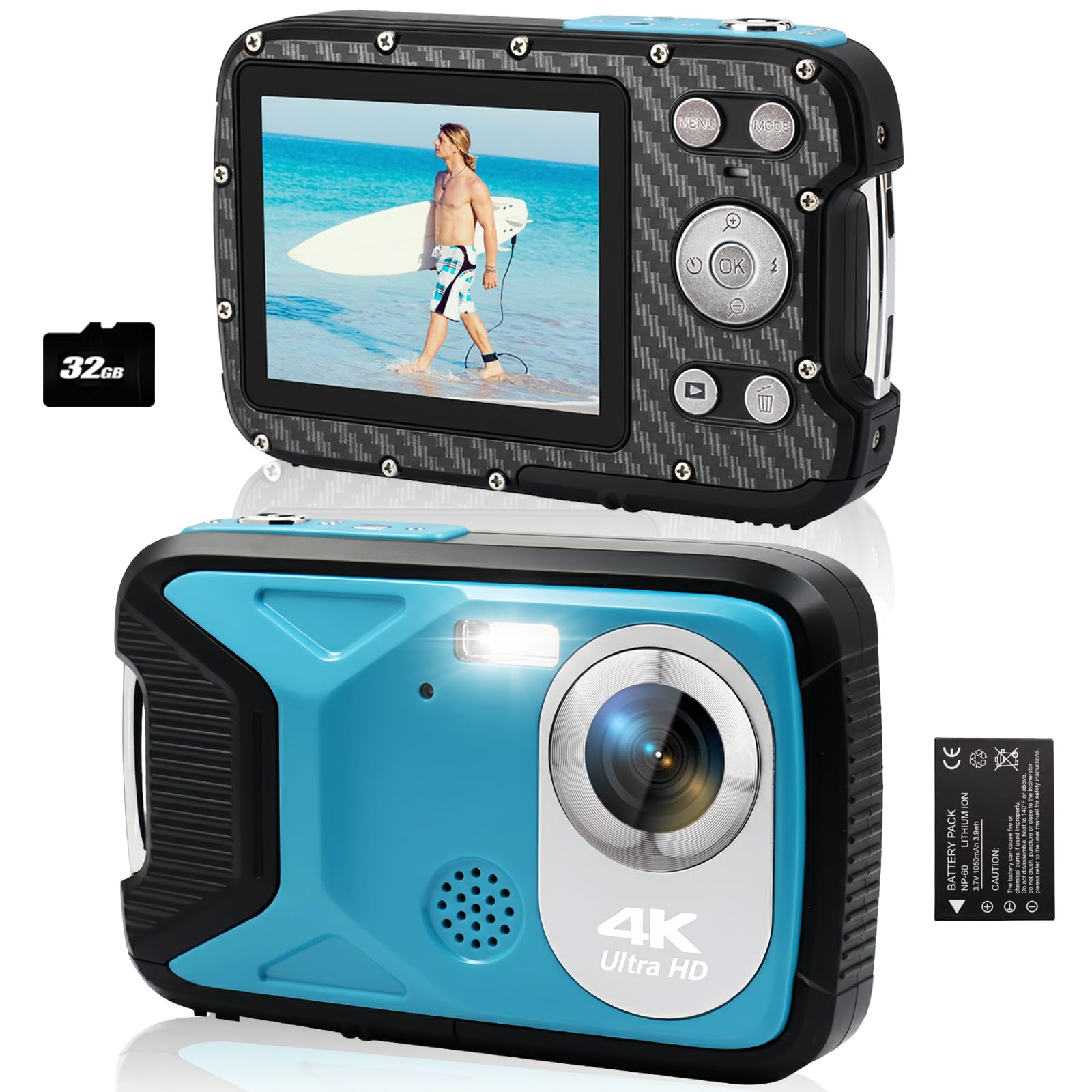 Cámara subacuática 4K de 17 pies impermeable para esnórquel, cámara digital de enfoque automático con tarjeta de 32 GB, luz de llenado de zoom de 18 aumentos, cámaras compactas