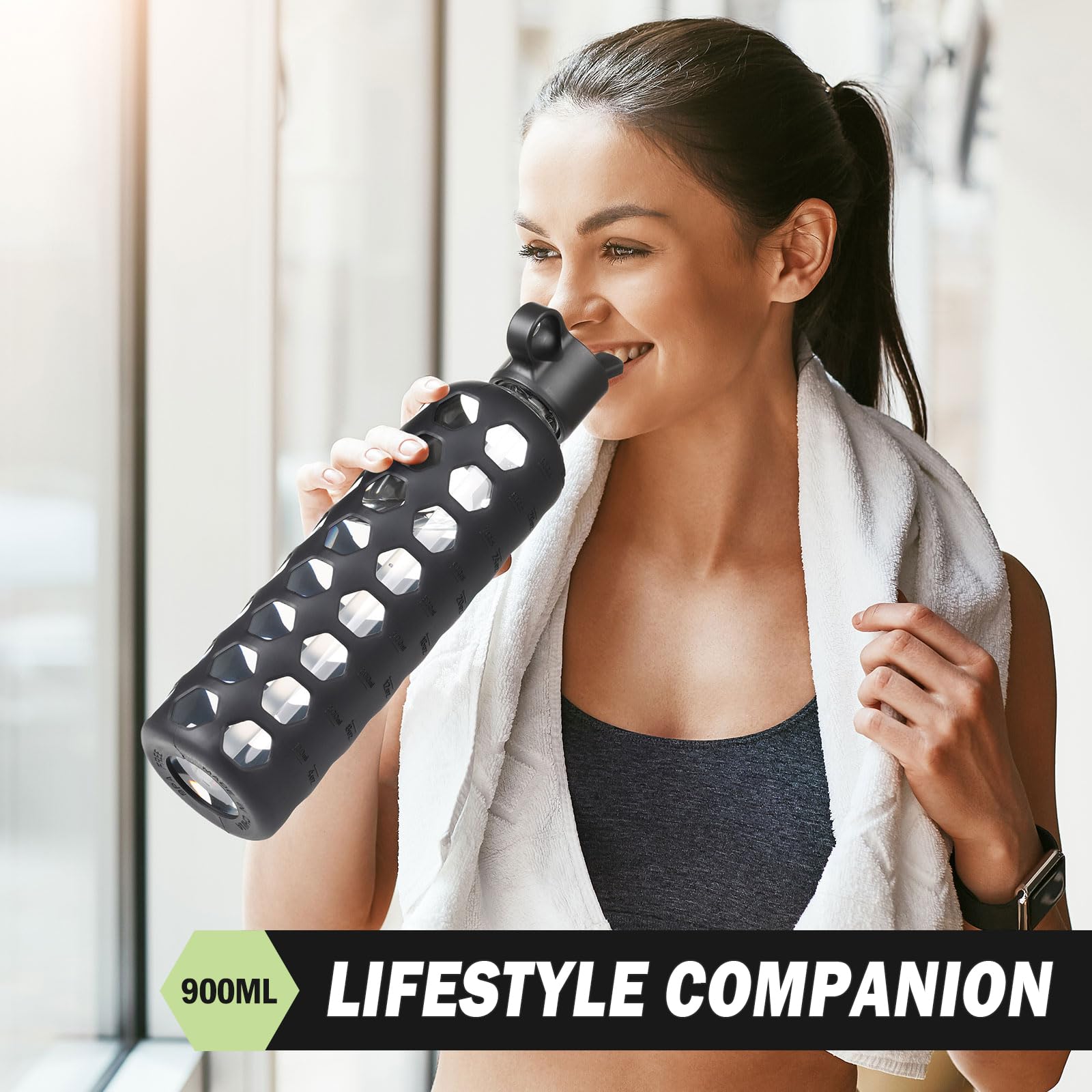 BLUEGO Borracce in vetro, 900ml Bicchiere in vetro, Bottiglie per bere con 2 coperchi, Bottiglia per l'acqua sportiva con custodia in silicone, A prova di perdite, Nero