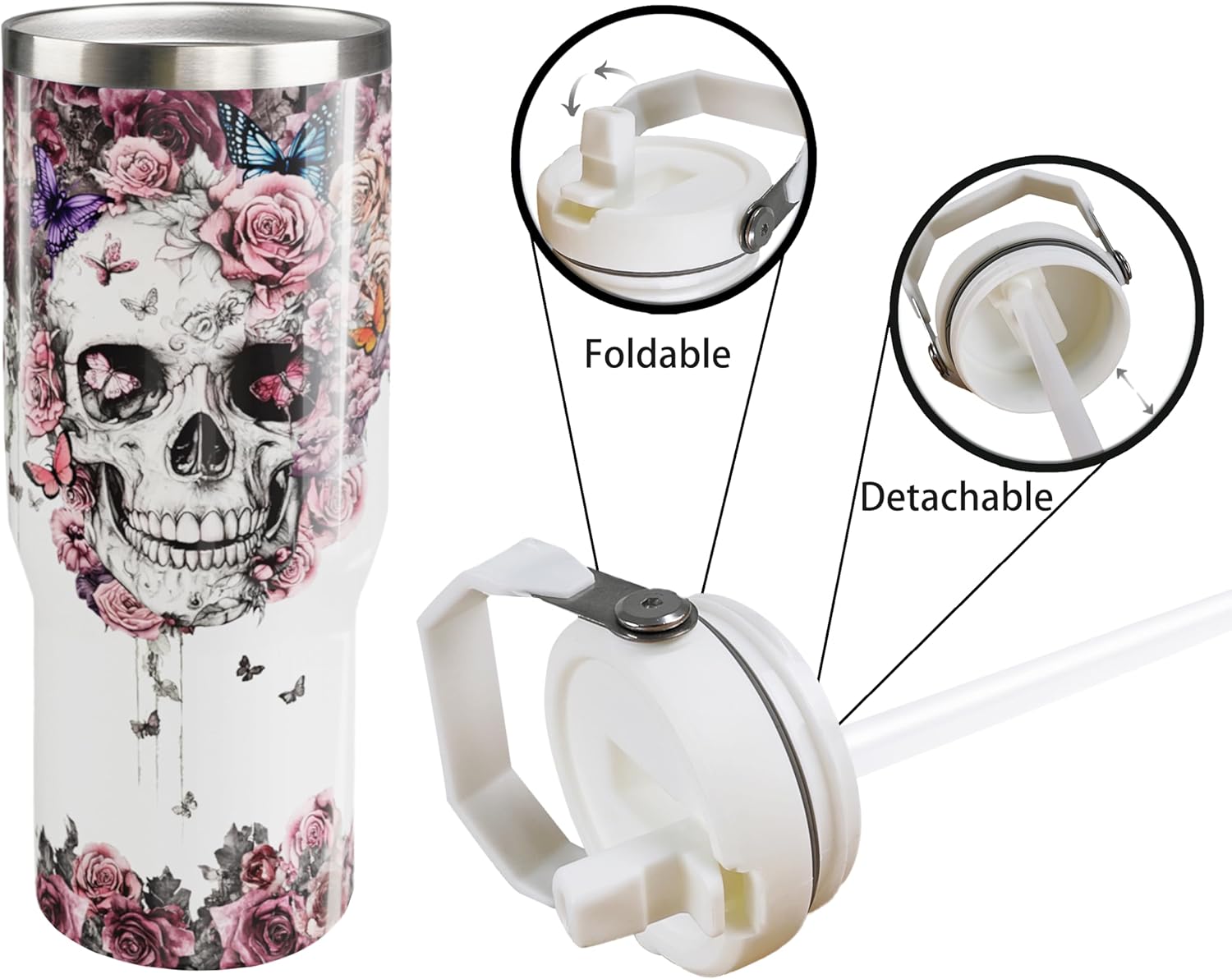 30oz Skull Tumbler with Handle and Straw, Skull Gifts for Women, Reusable Stainless Steel Flowers Cup Insulated Leak Proof Travel Coffee Mug - Image 4