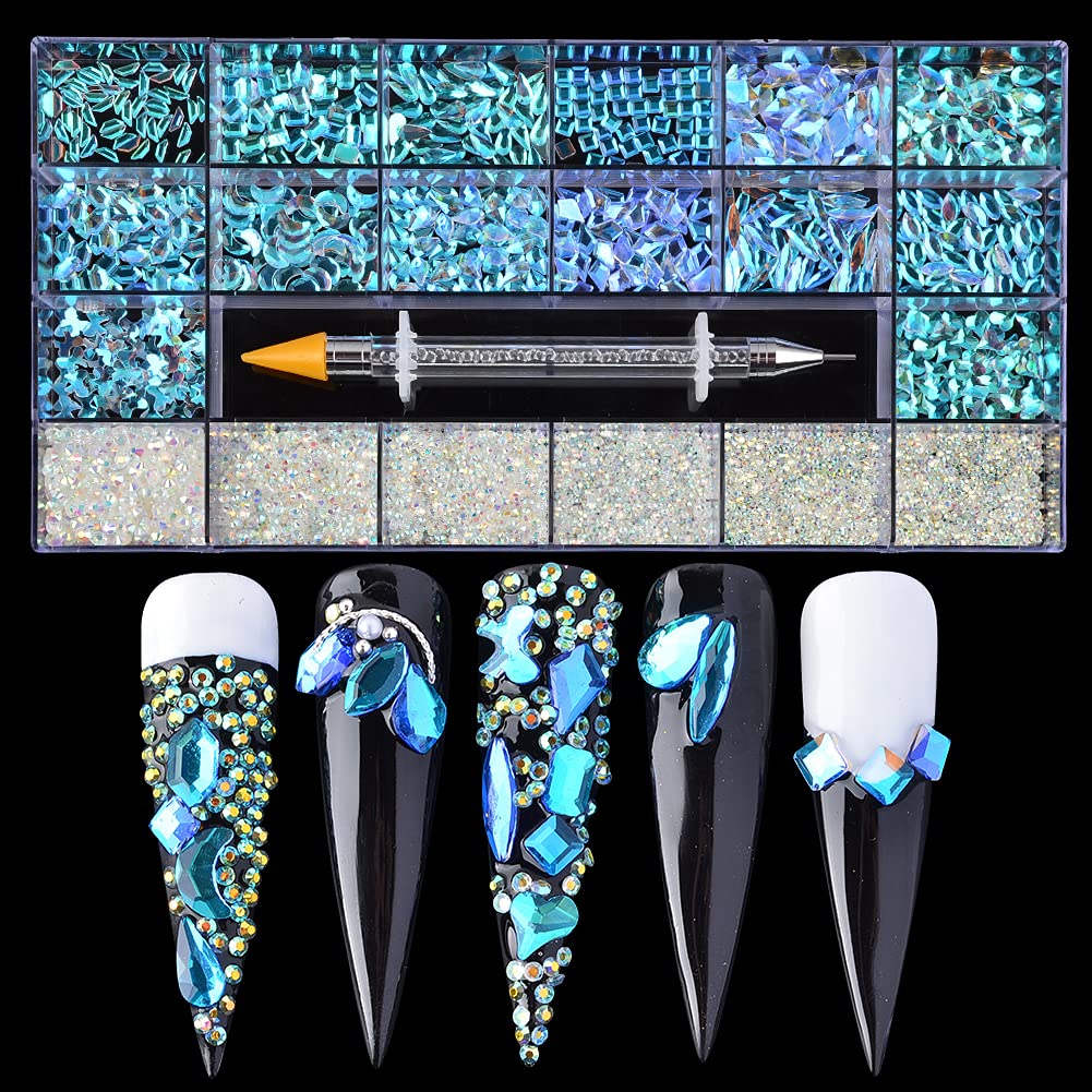 BAIYIYI Nail Rhinestones Kit - 8620Pcs/Box Multi Shapes Rhinestones Glass Crystal Diamond Flatback Professional Nail Art Decorations DIY Nail Art Craft with Rhinestones Picker,Polar AB