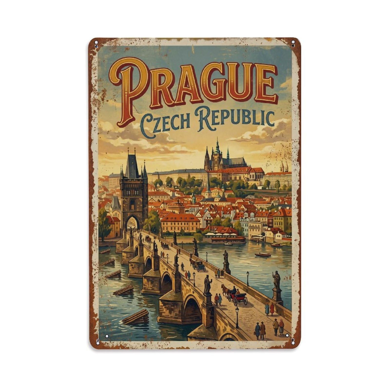 Cmhok Vintage Style Vintage Travel Castle Prague Metal Tin Sign Wall Decor For Cafe, Club, Garden Metal Poster 8X12inch
