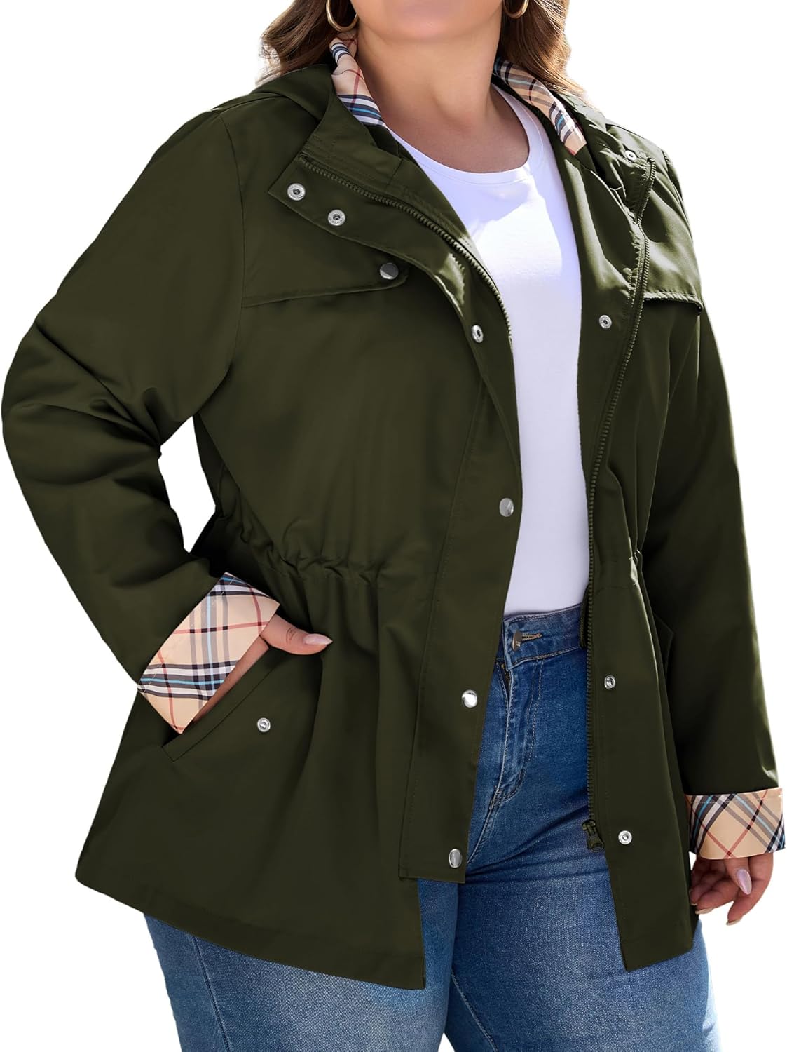 Bloggerlove Rain Jacket Women Plus Size Long Raincoat with Hood Waterproof Outdoor Trench Coat
