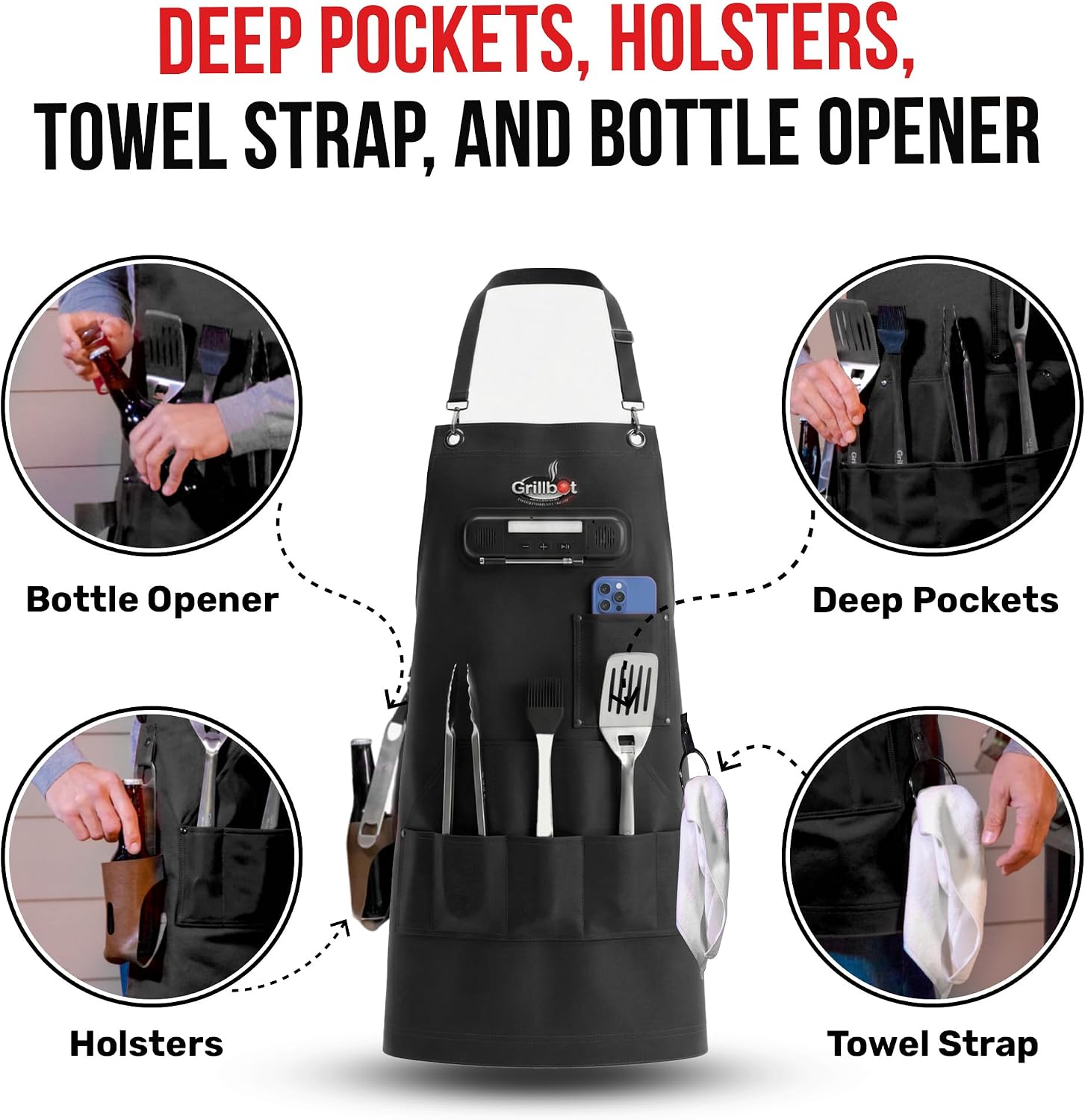 Grillbot Smart Apron with LED Light, Thermometer, Bluetooth Speaker | Perfect BBQ Gift, Hands Free Calls, Grill at night, Deep Pockets