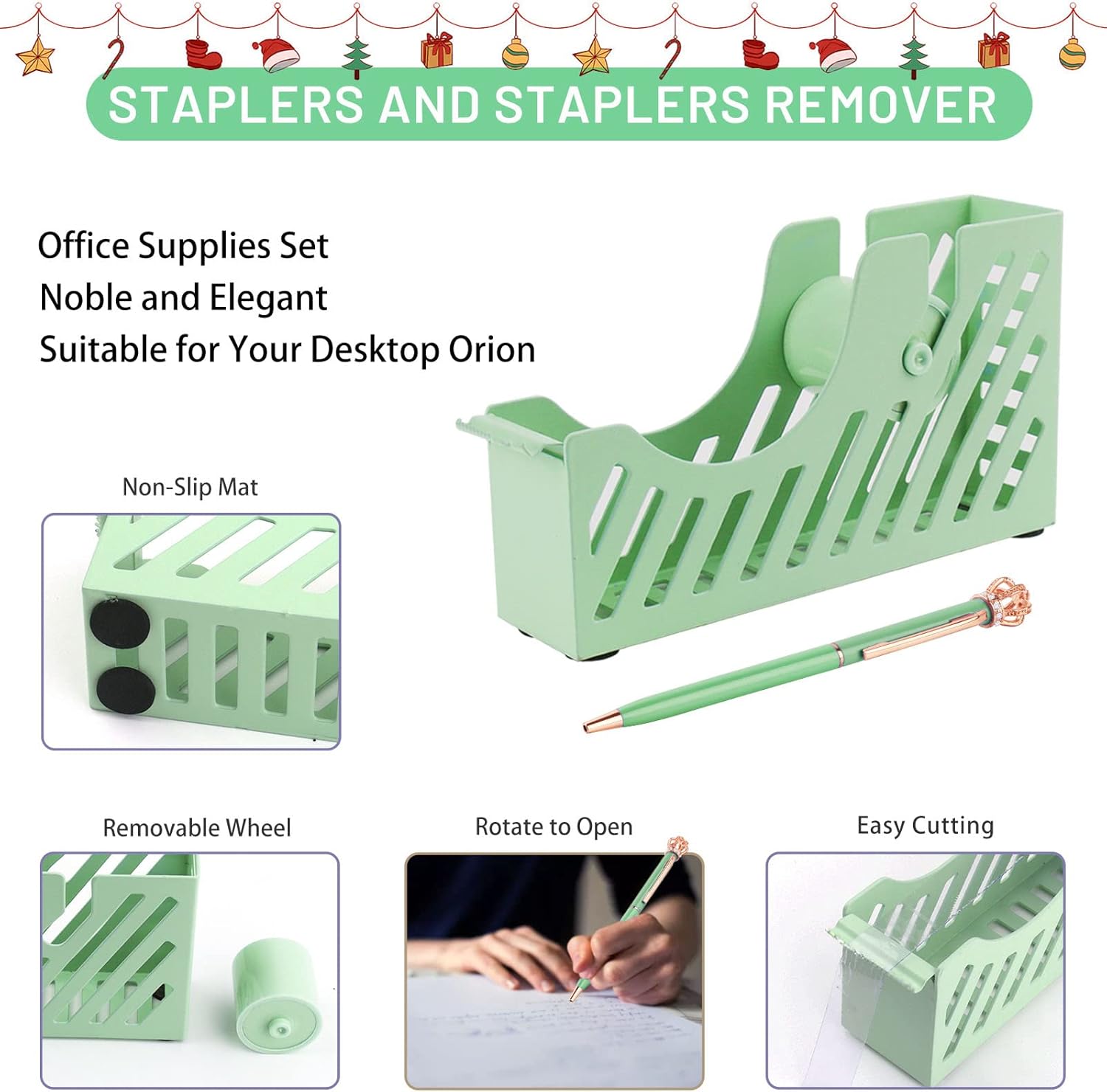 Green Desk Accessory Kit, Acrylic Stapler Set, Office Supplies Set for Women and Student, with Tape Dispenser, Staple Remover, Ballpoint Pen, 1000 Staples, Gift Bag and Gift Boxes