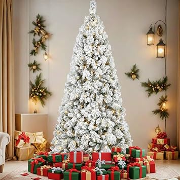 8FT Prelit Flocked Christmas Tree with PVC & Needle Branch Tips, Premium Artificial Christmas Tree with 600 Warm White Lights & Snow, Memory Wire Hinged Pre Lit Xmas Trees with Metal Base for Holiday