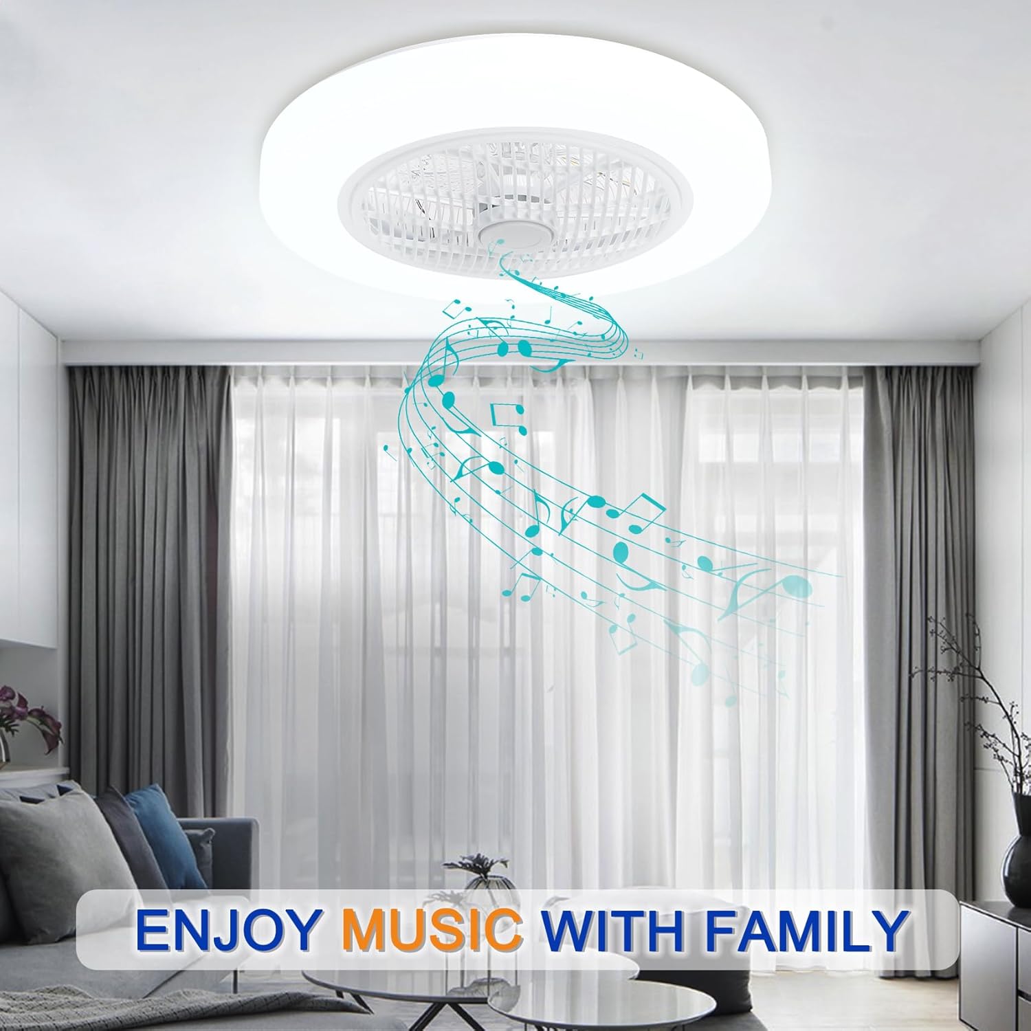 TCFUNDY Enclosed Low Profile Ceiling Fan with Light, Bluetooth Speaker, Dimmable LED Lighting, 22", 6 Wind Speeds Reversible Blades, App & Remote Control, Semi Flush Mount Fan