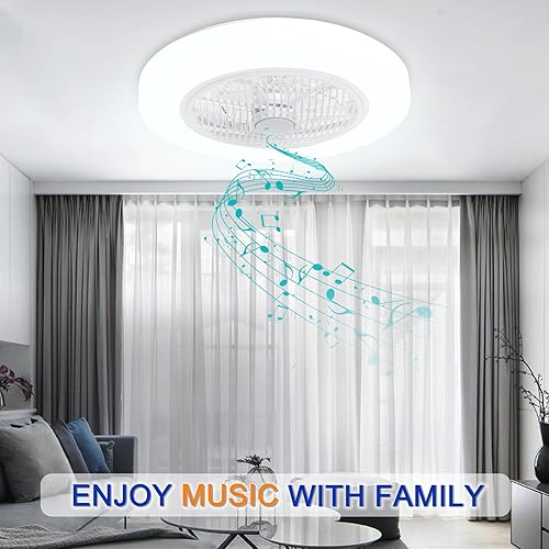 Miniatura 6 de TCFUNDY Ventilador de techo cerrado de perfil bajo con luz, altavoz Bluetooth, iluminación LED regulable, 22 pulgadas, cuchillas reversibles de 6