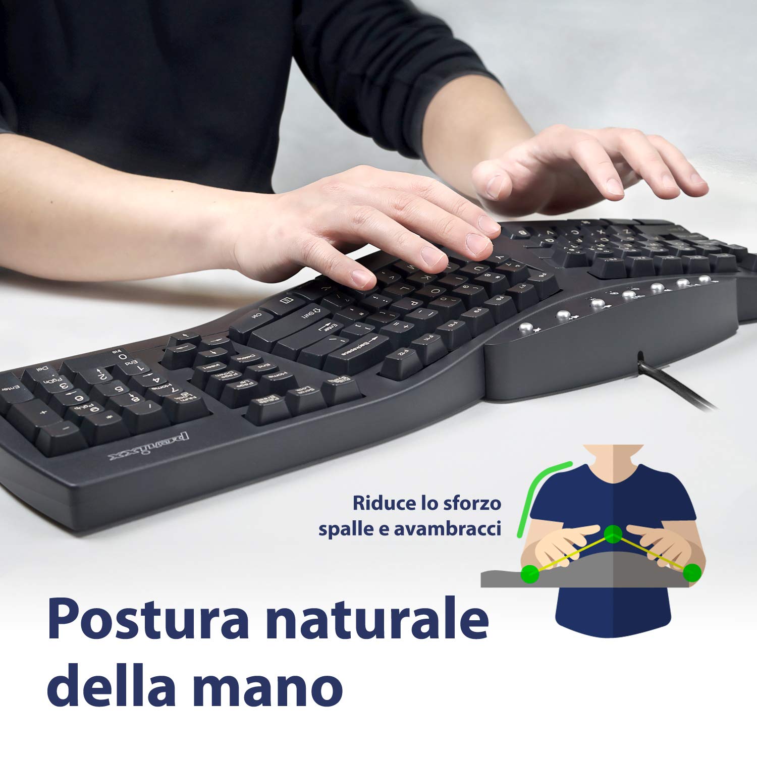 Perixx PERIBOARD-512 USB bekabeld ergonomisch split-toetsenbord met 7 multimedia-toetsen en geïntegreerde polssteun, Italiaans QWERTY, zwart Perixx PERIBOARD-512 USB bekabeld ergonomisch split-toetsenbord met 7 multimedia-toetsen en geïntegreerde polssteun, Italiaans QWERTY, zwart