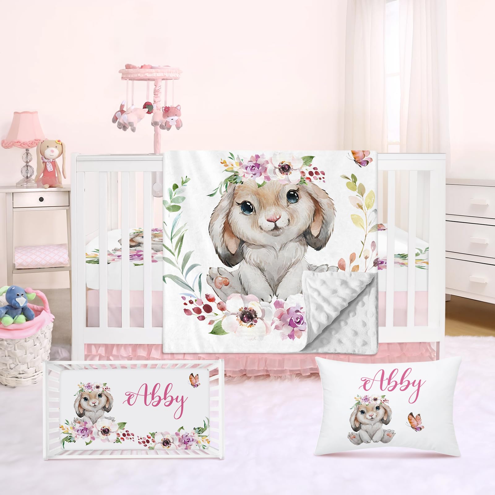 Rucekia Personalized Crib Bedding Set for Baby Boy Girl, Custom Name Rabbit Design 3 Piece Baby Bedding Set, Including Plush Blanket, Fitted Sheet and Pillowcase for Newborn Nursery Gift