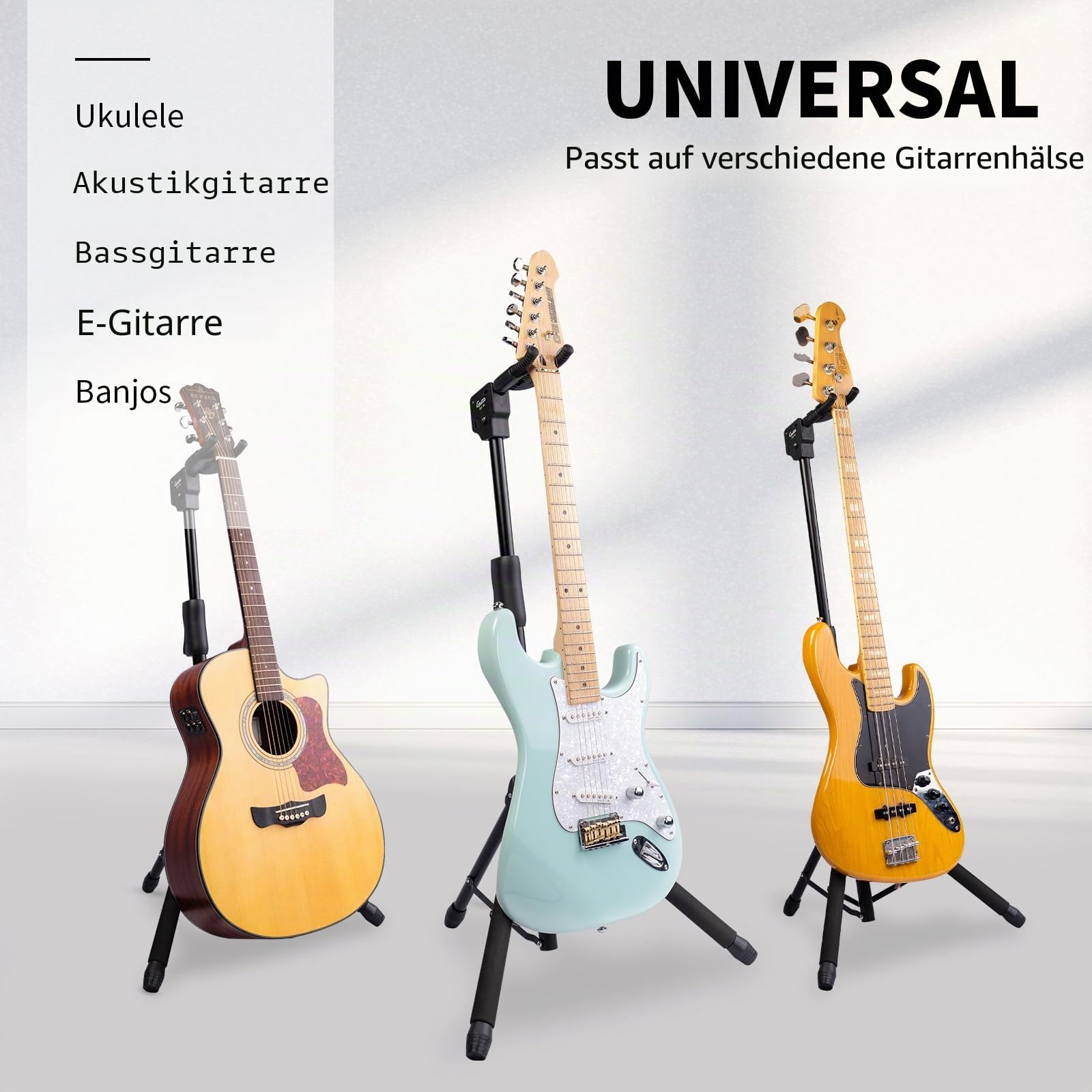 GUITTO Gitarrenständer - Klappbarer Gitarrenständer mit Auto-Lock für Akustikgitarre, E-Gitarre, Bass & Ukulele - Dreibein-Ständer mit Silikon-Schutz, rutschfest, tragbar für Bühne & Reise (GGS-06)