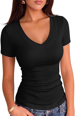 VICHYIE Women V Neck Ribbed Knit Casual Fitted Shirts | Basic Top, Soft, Stretchy, Solid Color, Cute Tshirt