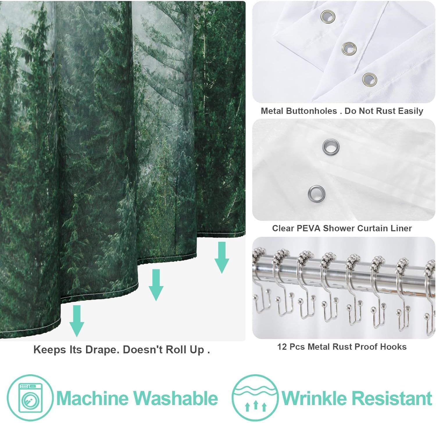 ORTIGIA 3 in 1 Waterproof Shower Curtain and Clear PEVA Liner Set with 12 Double Sided Metal Shower Curtain Hooks, Green Misty Forest Tree Soft Fabric Shower Curtain for Bathroom - 72 Wx72 L