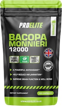 Bacopa Monnieri 12000mg 180 Capsules Vegan High Strength Bacopa Extract 201 | Resealable and Recyclable Pouch | 100% Natural Brahmi Powder Non-GMO | NO FILLERS | NO Binders by PROELITE