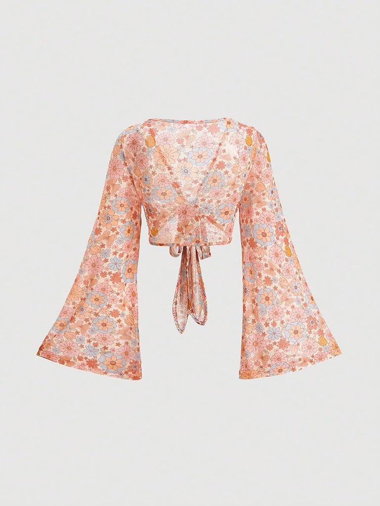 タグ付き　Bell Sleeves Short Blouse Verdusa Women's Bell Sleeve Knot Front Hollow Out Mesh Crop Top