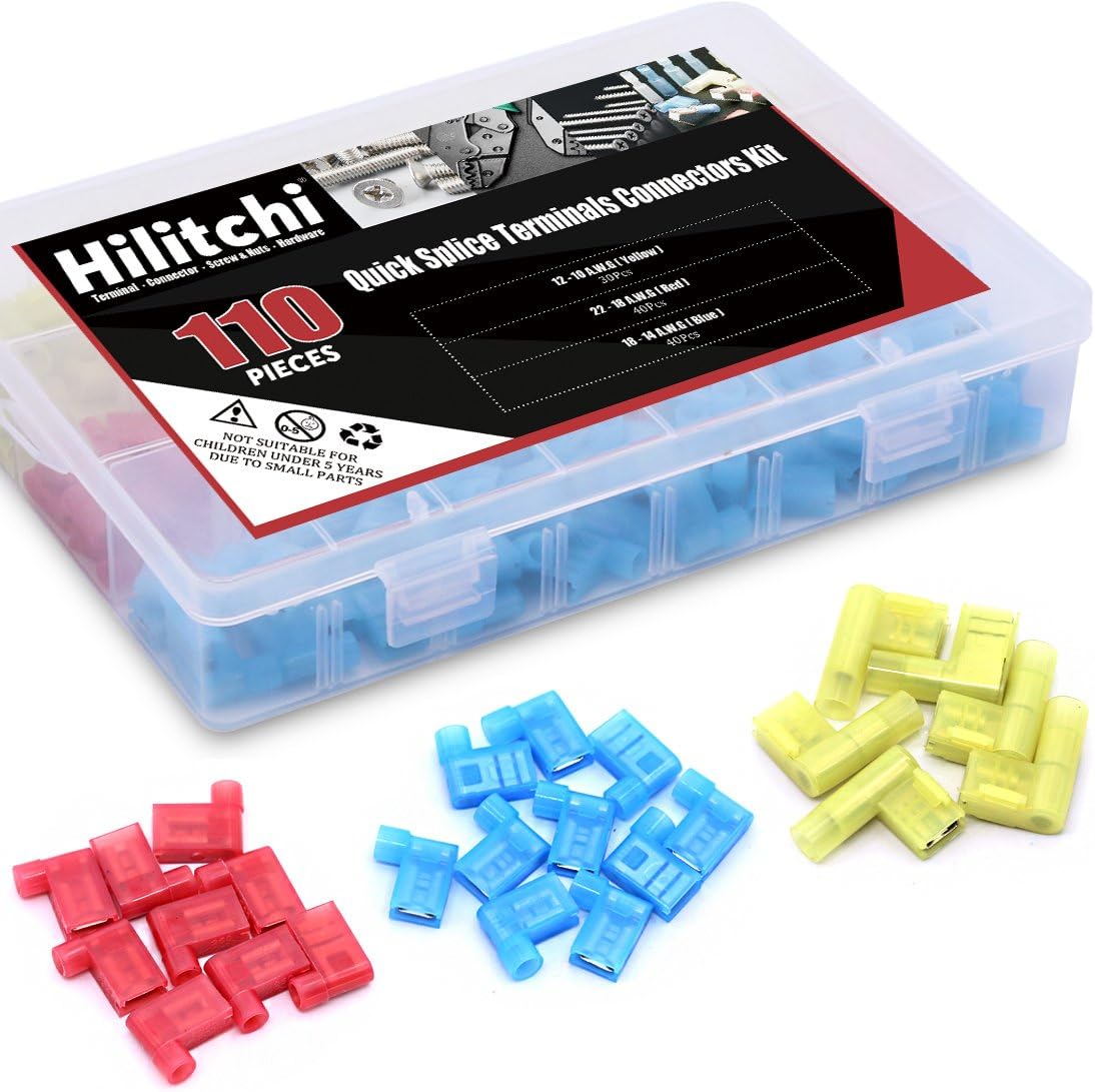Hilitchi 110pcs 22-18 18-14 12-10 Gauge Nylon Flag Spade Female Insulated Quick Disconnects Electrical Crimp Terminals Connector Assortment Set