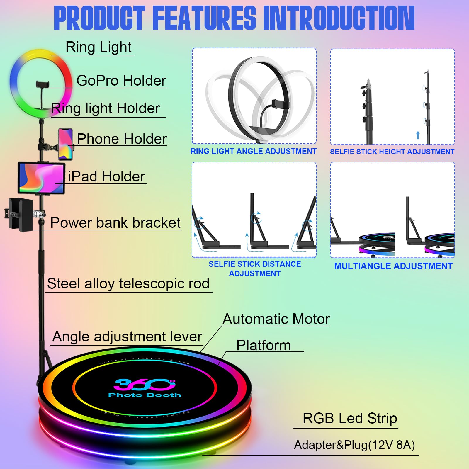 Máquina de Fotomatón 360, con Control de Aplicación Y Control Remoto, Estudio de Iluminación Circular RGB, Logotipo Personalizado Gratuito, 360 Video Camera Booth, con Caja de Vuelo (100 Cm)