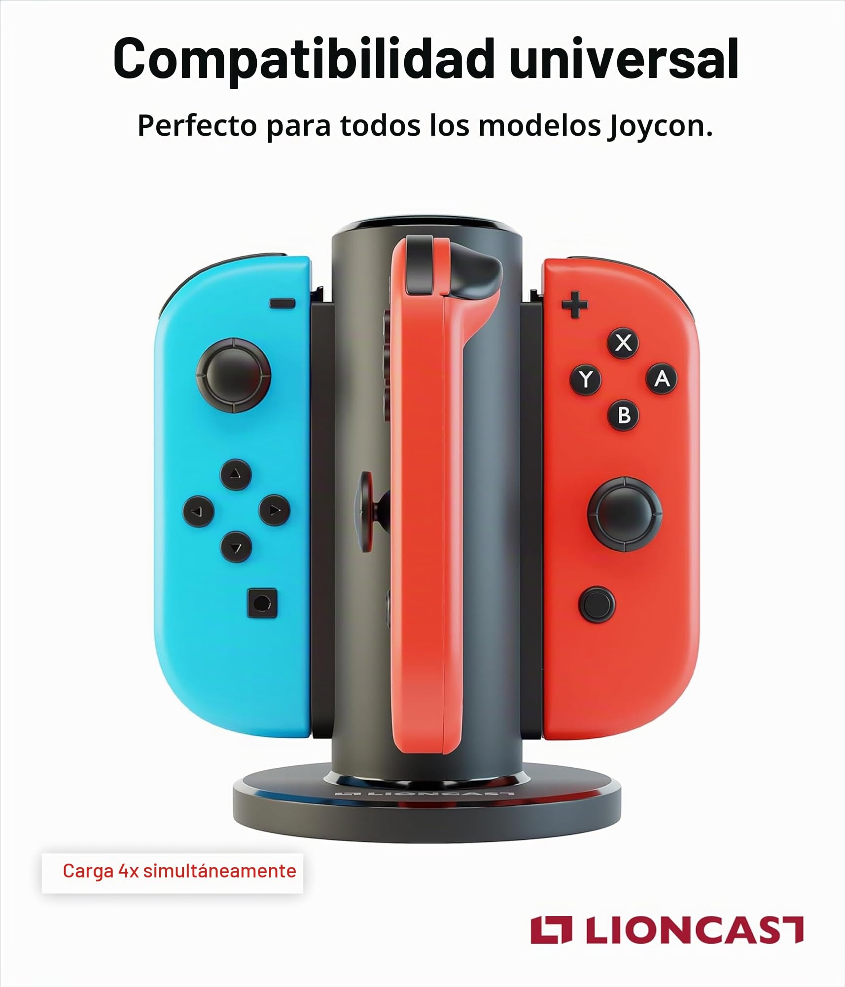 Lioncast Base de Carga para Joy-con - Dock de Carga para 4 Mandos - Compatible con los Controles de Nintendo Switch - Luces Indicadoras de Estado de Carga, Fondo Fuerte - Accesorios de Juego